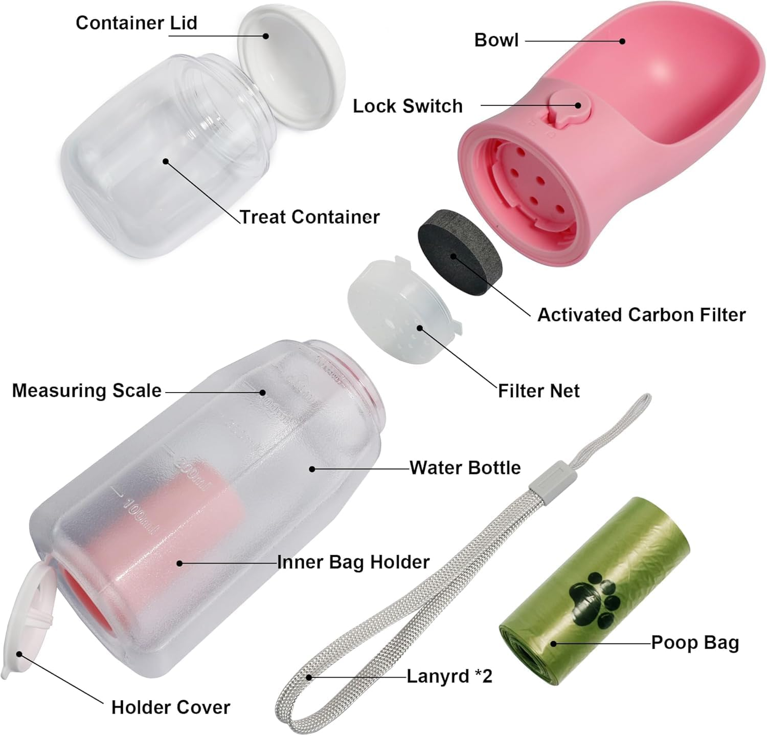 Dog Water Bottle with Food Container & Poop Bag Holder, Portable Pet Dispenser, Dog Stuff Accessories Items, Puppy Essentials Necessities for Yorkie Chihuahua Walking Hiking (Pink) image number 5