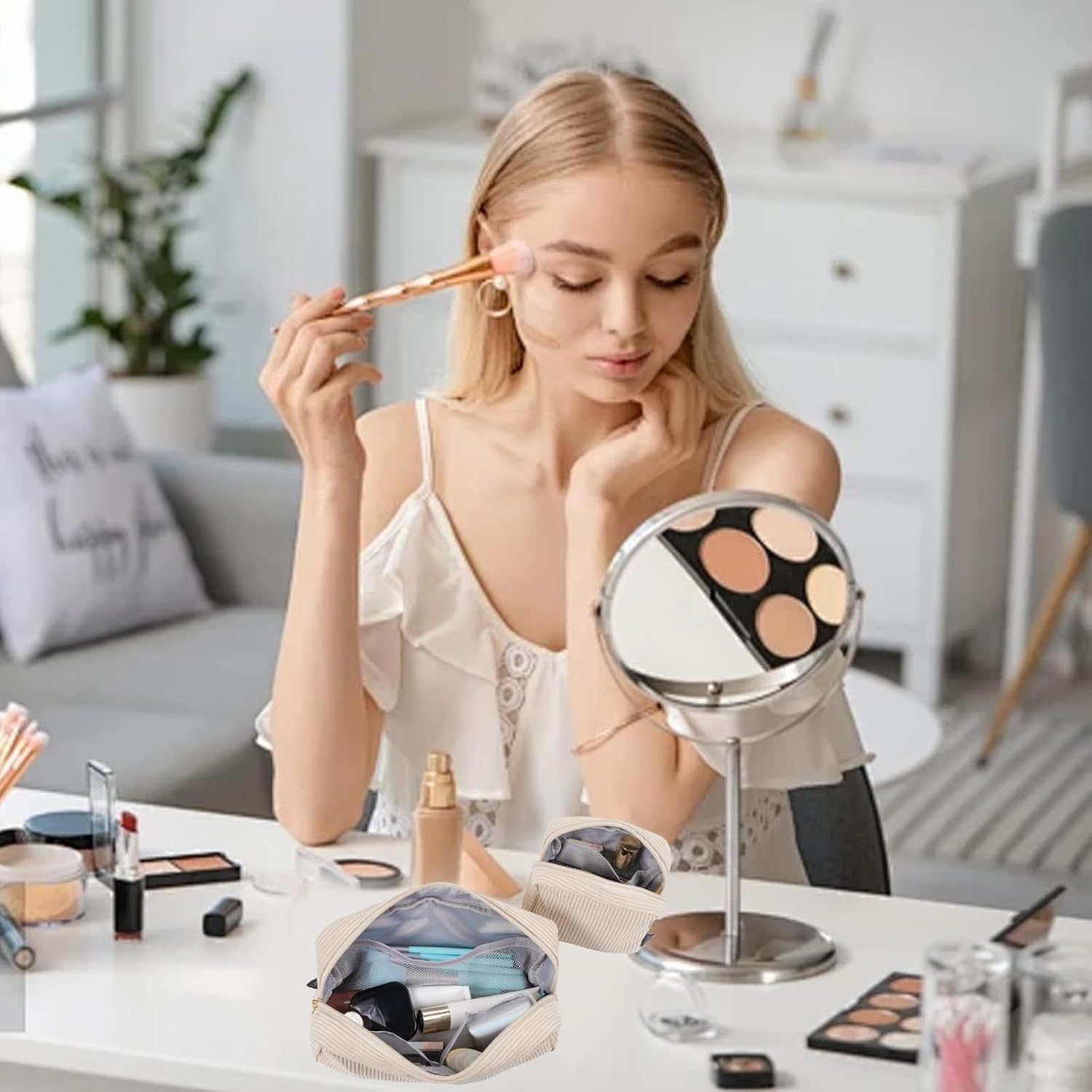 SSKHE 2 Pieces Cosmetic Bag Small Makeup Bag for Handbag, Cord Women with Compartments Travel Makeup Bag for Girls Women image number 6