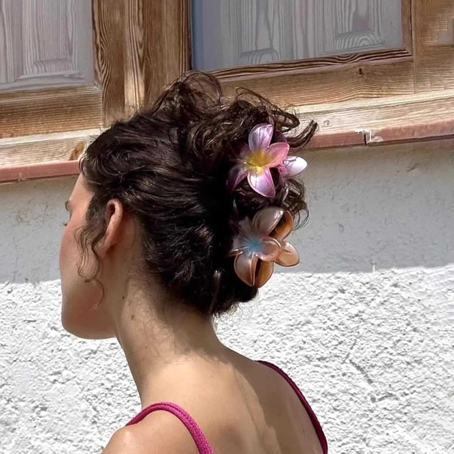 Inateannal Flower Hair Clips for Women Thick Hair Large Pink Flower Claw Clips Hawaiian Floral Hair Accessories Strong Hold Non-Slip Hair Clips Summer Beach Floral Claw Barrette image number 3