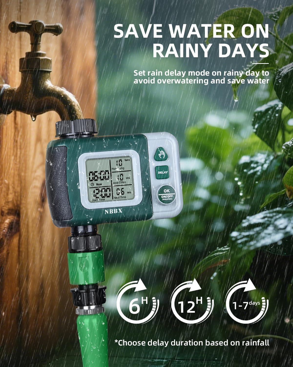 Automatic Water Timer for Garden Hose Tap, Digital Sprinkler Timer with Rain Delay, Outdoor Tap Water Timer for Lawn Garden Irrigation Watering System (Green) image number 5
