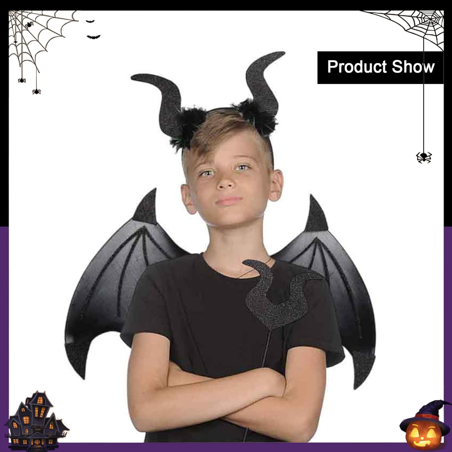 3 Piece Black Devil Wings Set, Halloween Party COS Costume Masquerade Suit with Wings, Pitchfork and Devil Horn Hoop Suitable for Both Adults and Children (Black) image number 1