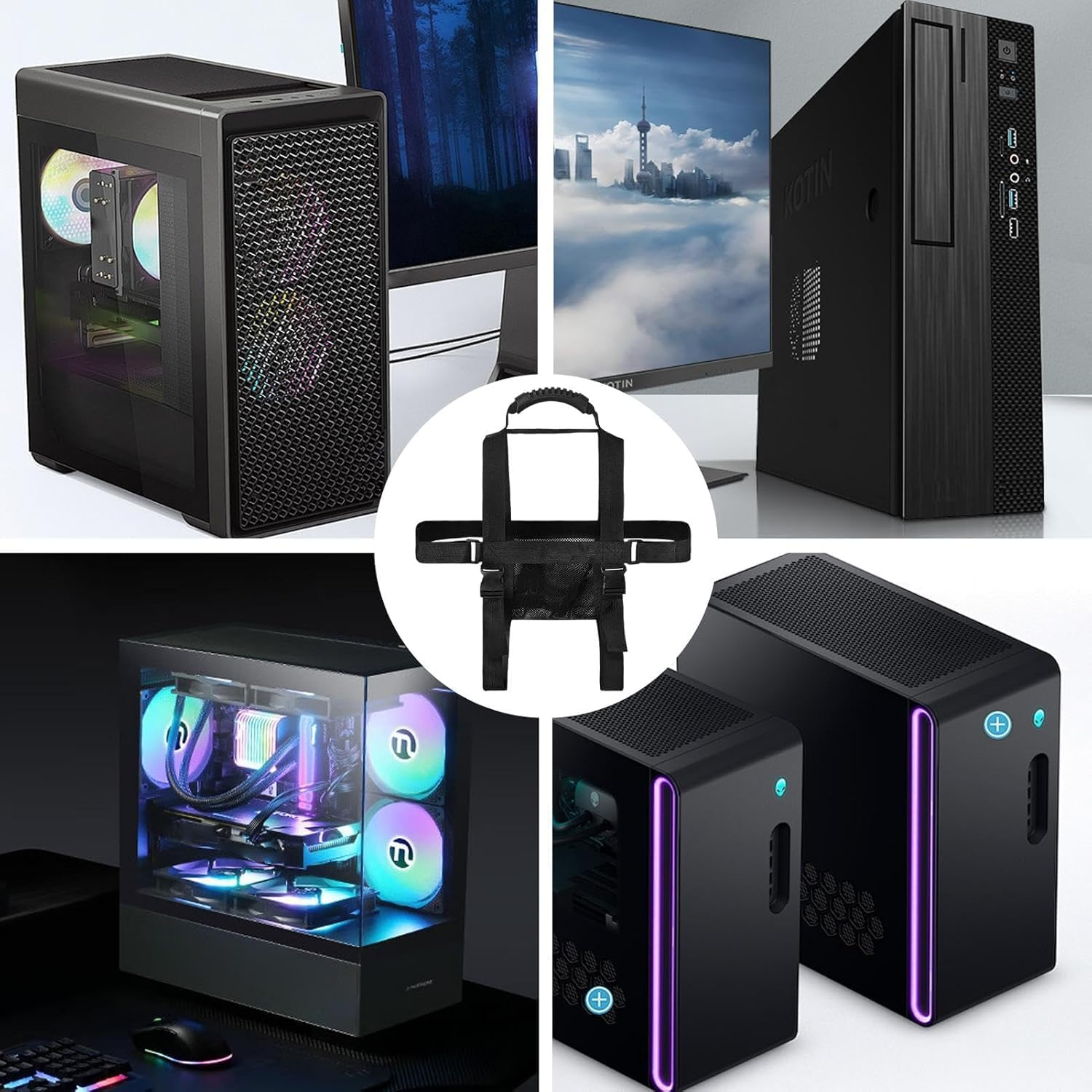 Desktop Computer Carrying Straps, Desktop Computer Tower Carrier Harness,Pc Tower Carrying Strap with Rubber Handle, Desktop Carrying Casetravel Holder with Ideal for Transporting on the Go (Black) image number 2