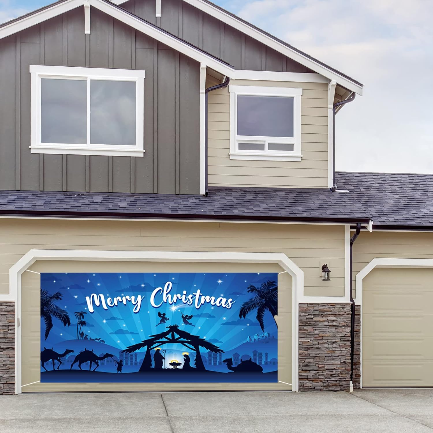 Gisgfim Outdoor Holy Nativity Christmas Holiday Garage Door Banner Cover Large Manger Scene Religious Blue 2023 Christmas Backdrop Decoration - Big Size 6X13Ft image number 5