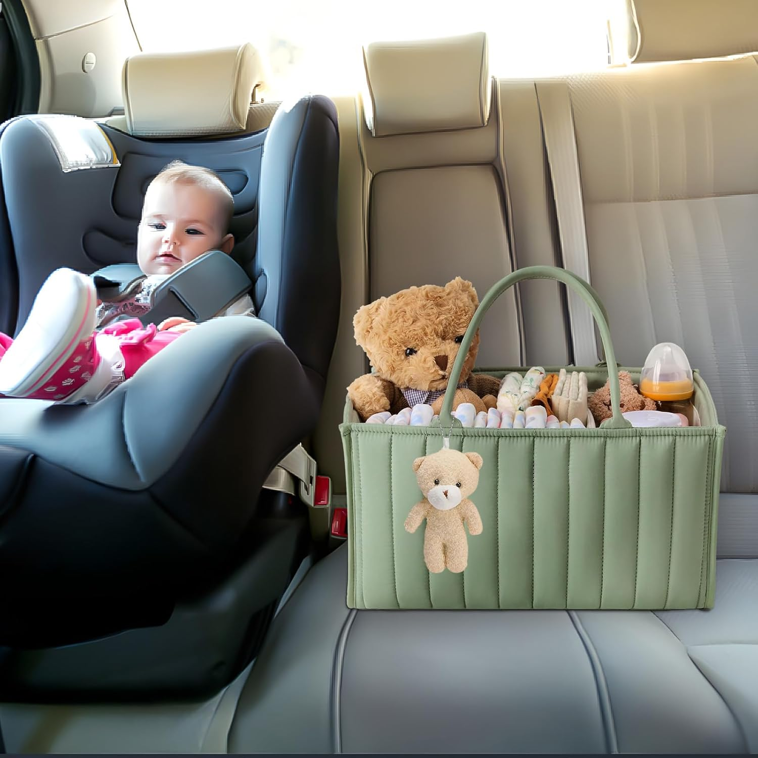 Nappy Caddy Organiser Stylish Diaper Caddy Storage Basket Perfect for Baby Shower,Car Caddy Organizer,Nursery Diaper Organizer,Portable Diaper Storage Bag (Green) image number 2