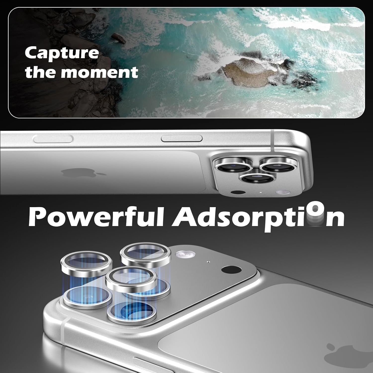 Cloudvalley for Iphone 17 Pro/Iphone 17 Pro Max Camera Lens Protector, [1 Second Installaion] Ultra-Hd Tempered Glass Cover, [Case-Friendly] Metal Lens Screen Protective Ring,Titanium Silver - Glitter Black image number 5