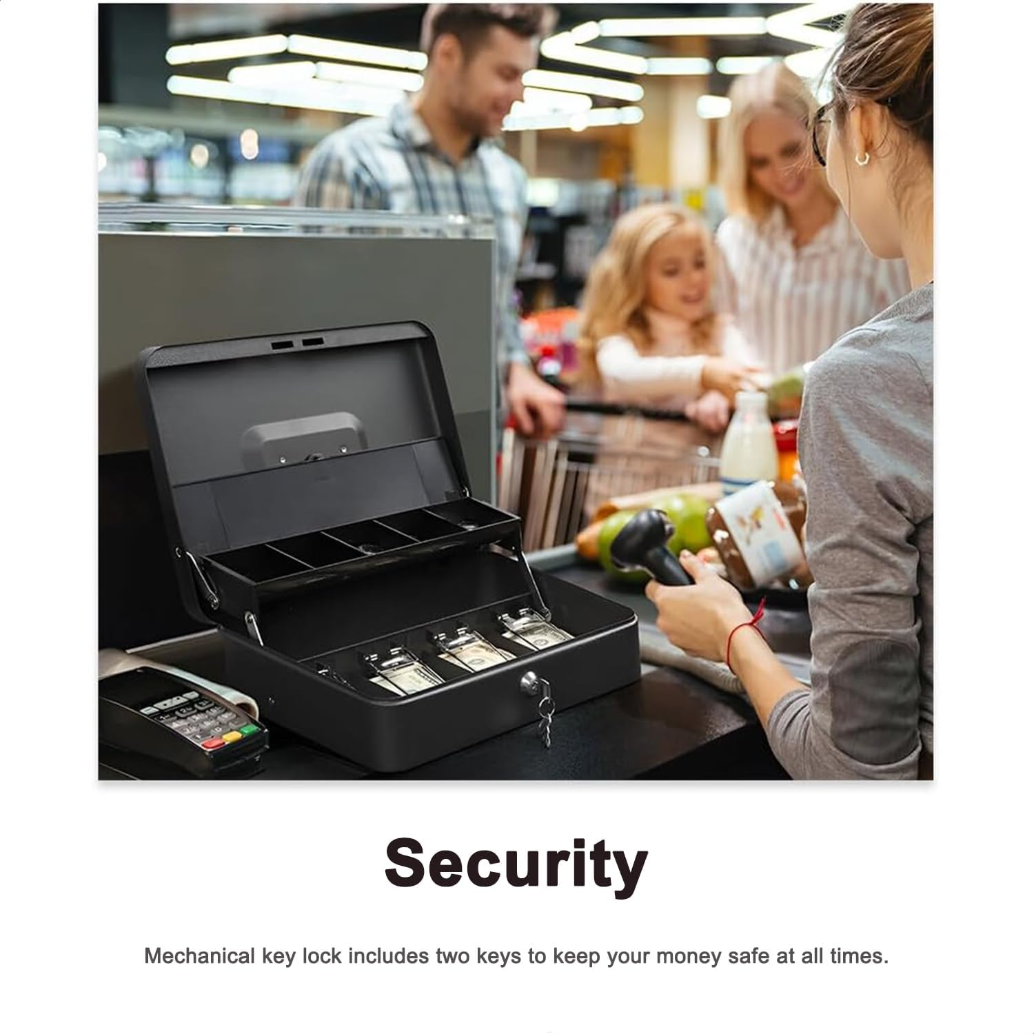 Metal Safe Box with Lock for Bills and Coins, Large Compartments, 2 Keys Included, Secure Locking Mechanism, Practical Spring Clips for Bills image number 2