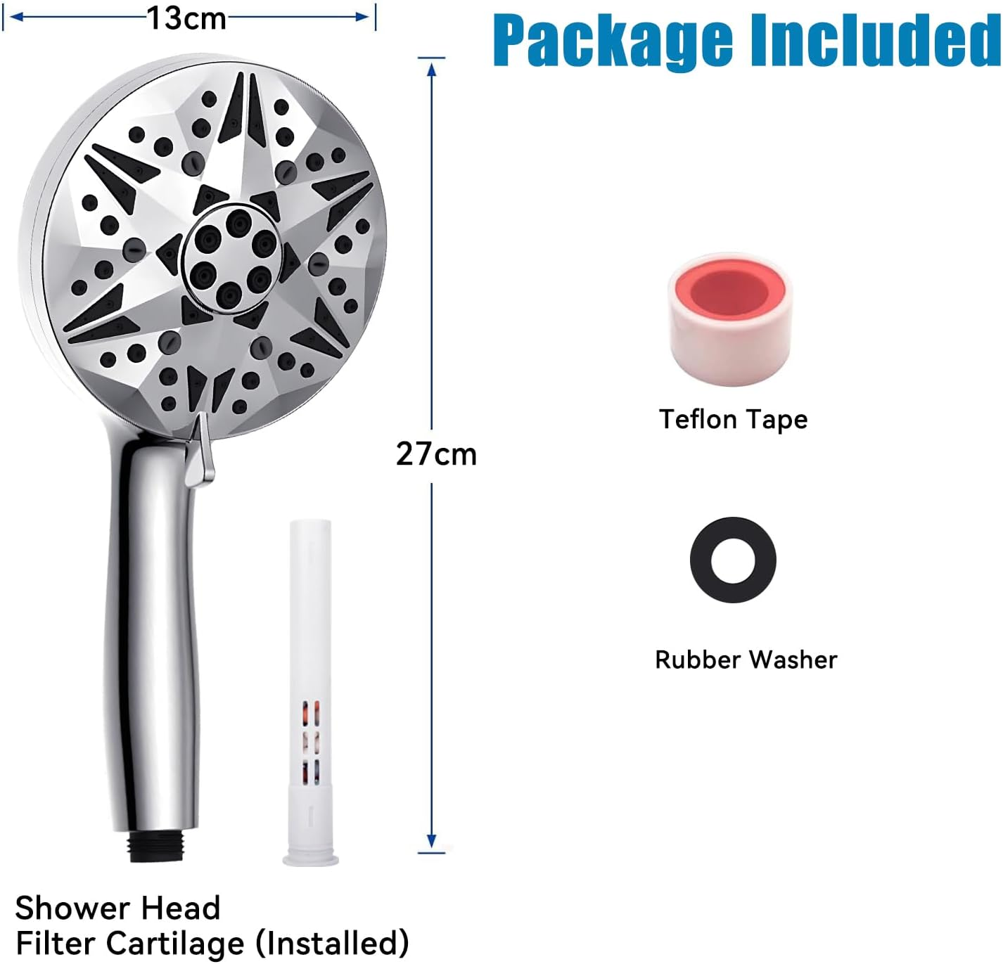 Kovizen Shower Head,10 Functions High Pressure Shower Head,15-Stage Water Filtration - Anti-Clog Nozzles,Large Filtered Shower Head for Tubs Tiles Walls Pets Cleaning