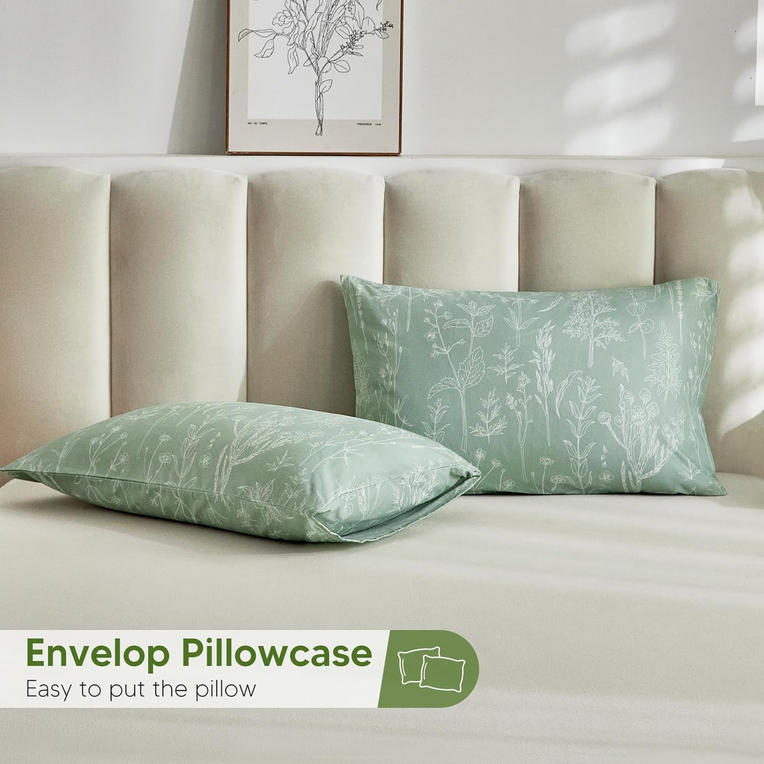 Tokokimo Fitted Sheet 160 X 200 Cm, 35 Cm Large Pockets with 2 Pillowcases 50 X 80 Cm - Soft Microfibre Duvet Cover with Hand-Painted Floral Motif, Sage Green image number 2