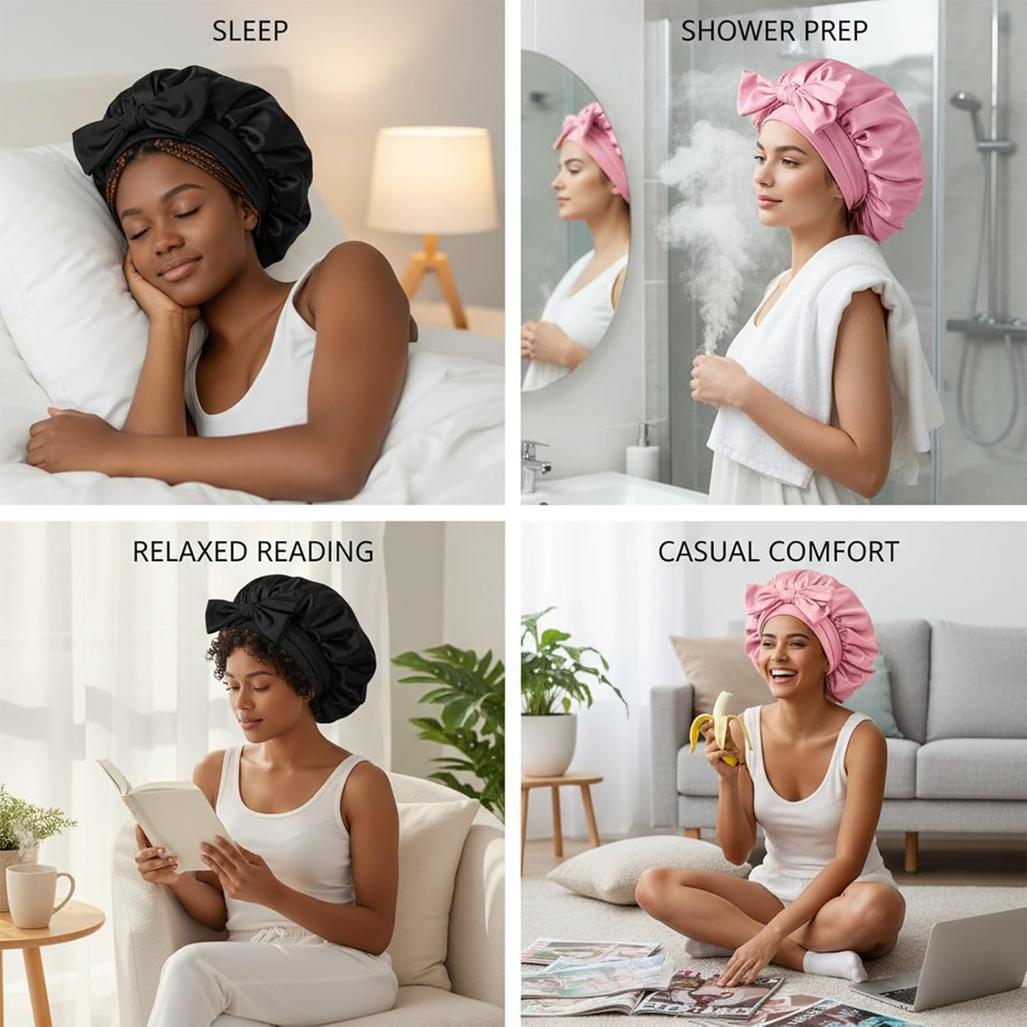 Sdhgerh Set of 2 Satin Sleep Caps, 2 Satin Hair Bands, Adjustable Silk Cap, Breathable Night Sleeping Cap for Women and Girls (Black, Pink) image number 1