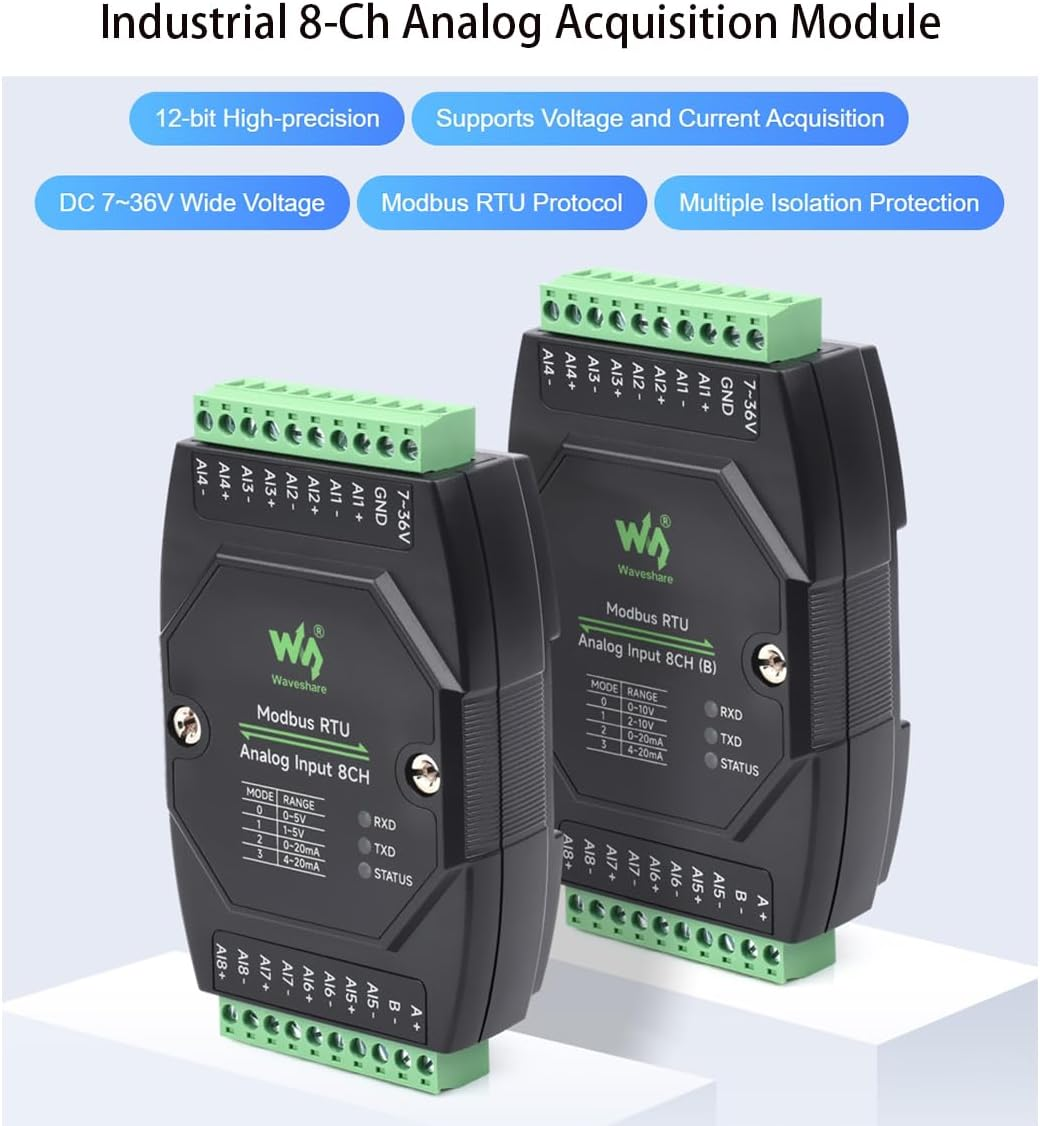 Industrial 8-Ch Analog Acquisition Module, 12-Bit High-Precision, DC 7~36V Wide Voltage Power Supply, Modbus RTU Protocol,8-Ch Current Mode, 0~20Ma image number 5