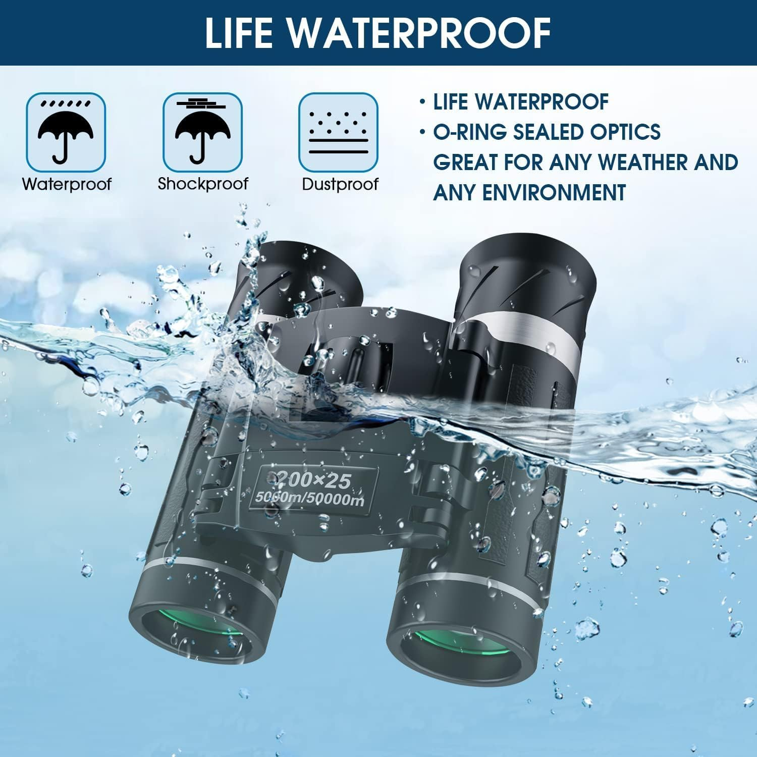 Binoculars, 200X25 Waterproof Compact Binoculars, Suitable for Bird Watching, Hunting, Concerts, Theater, Opera, Travel, and Sightseeing. (Black) image number 1
