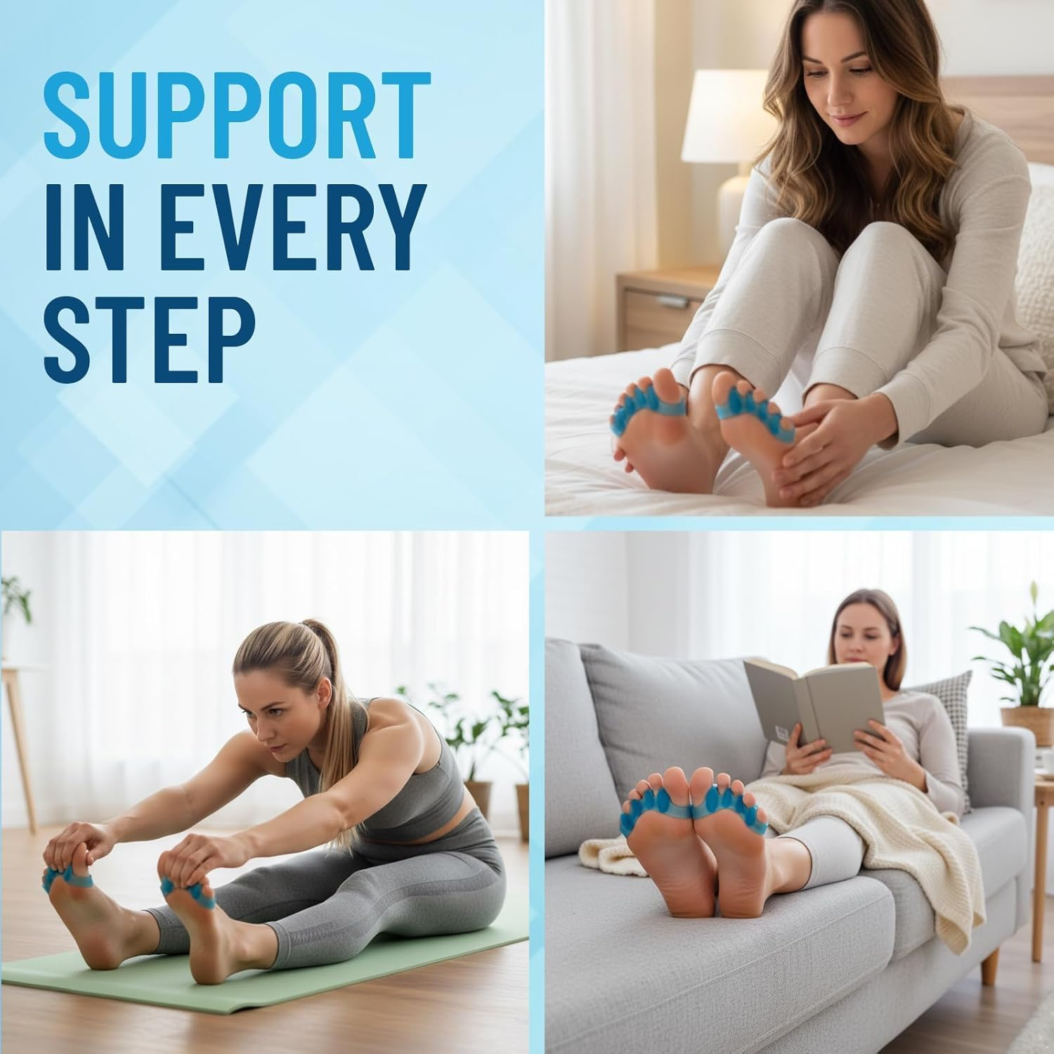 Toe Separators, 4 Pack Bridge Design Toe Spacers for Men and Women, Helps Relieve Bunion Pain, Hammer Toe and Plantar Fasciitis, Ideal for Yoga, Running and Daily Use (White and Blue) image number 3