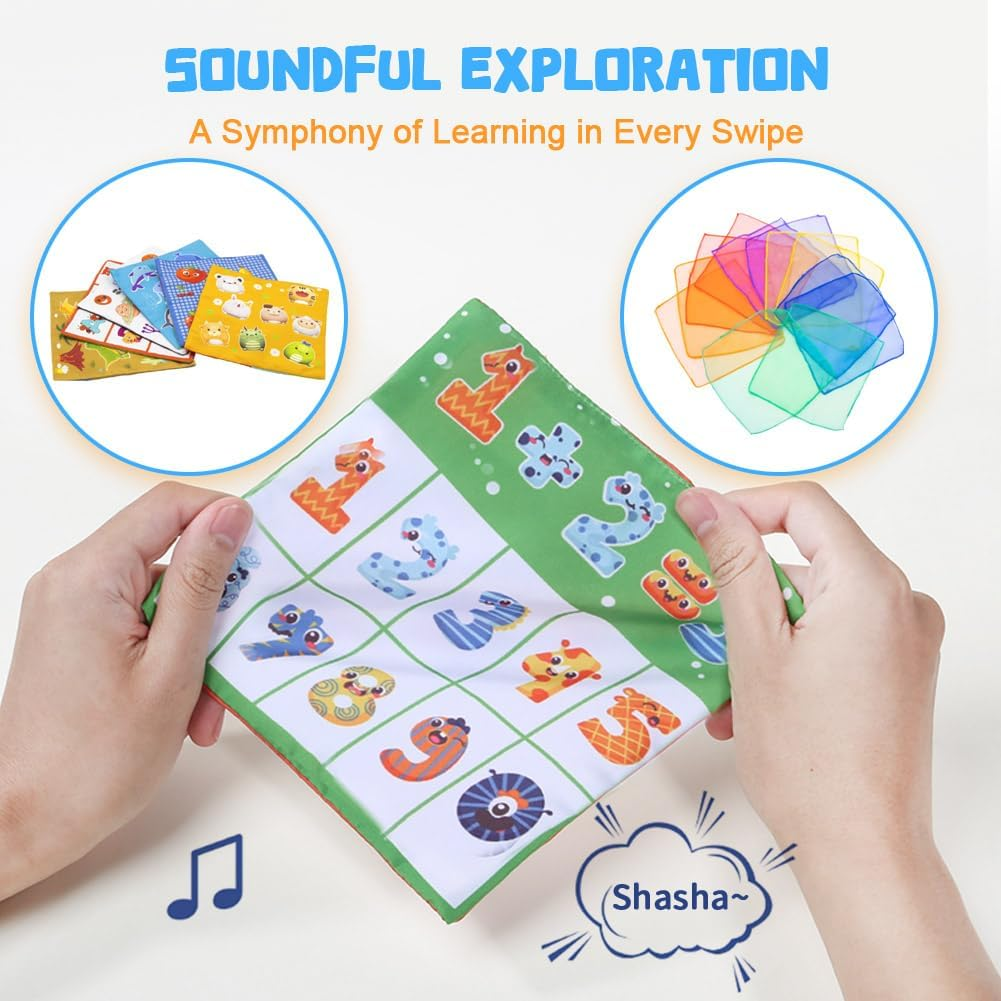 Baby Tissue Box Toy 6 Crinkle Papers 12 Silk Scarves-Montessori Toys for Babies 6 Months+-Sensory Tissue Box Toy Detachable to a Hanging Toy for Boys Girls Kids image number 3