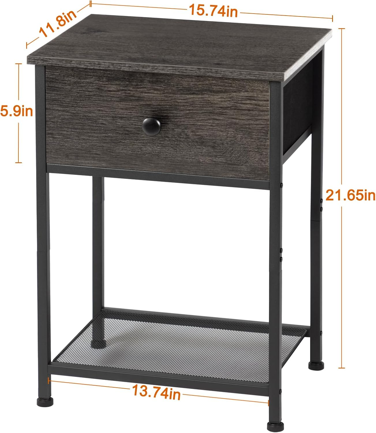 AMHANCIBLE Night Stand Set 2, Nightstand with Fabric Drawer, Industrial End Tables Living Room with Storage Shelf, Slim Bedside Table for Bedroom, Small Spaces, Rusic Brown, HET03SDDG - Dark Grey image number 5