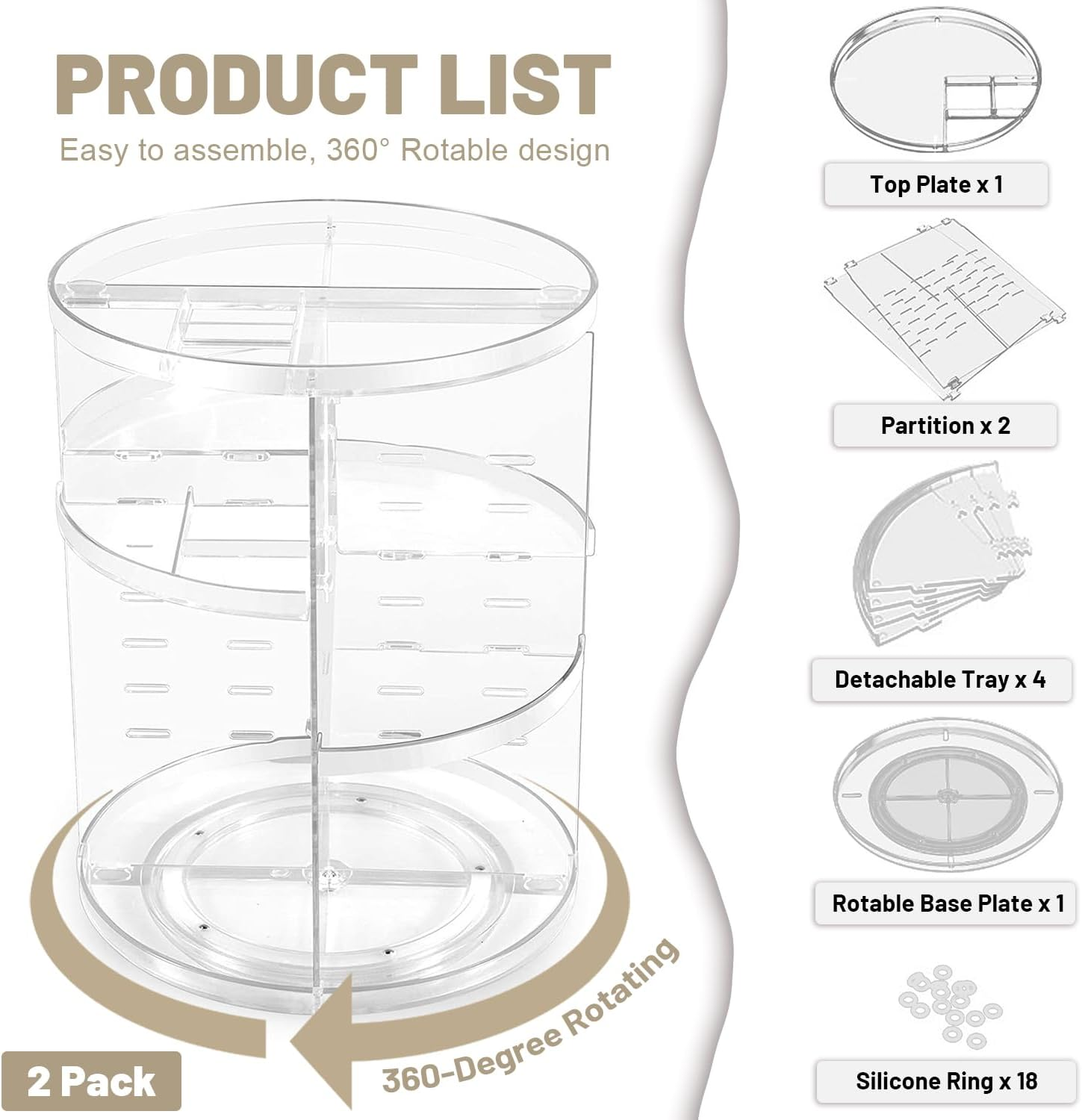 VNIMTI 2 Pack Rotating Makeup Organizer for Vanity, Large Cpacity Cosmetic & Skincare Organizers, Clear Makeup Holder for Countertop， Dresser and Bathroom, Adjustable Trays, 360 Degree Spinning image number 4