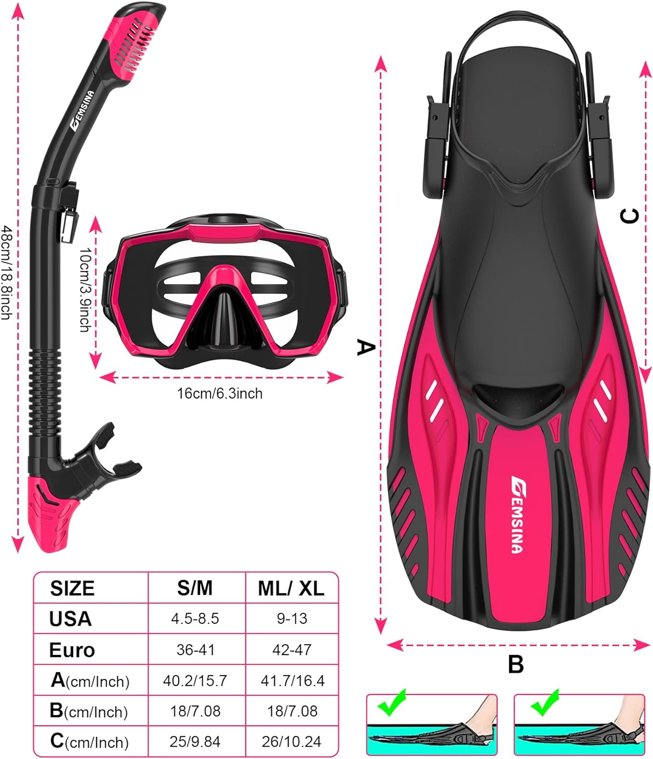 EMSINA Short Fins |Buckles Open Heel Swim Flippers | Size 36-47 | Adjustable Snorkel Fins | Snorkeling Diving Swimming Adult Men Womens |+Travel Bags image number 2