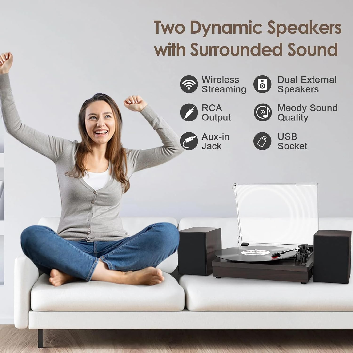 Black Retro Vinyl Record Player External Stereo Speakers Bluetooth, USB & AUX Input