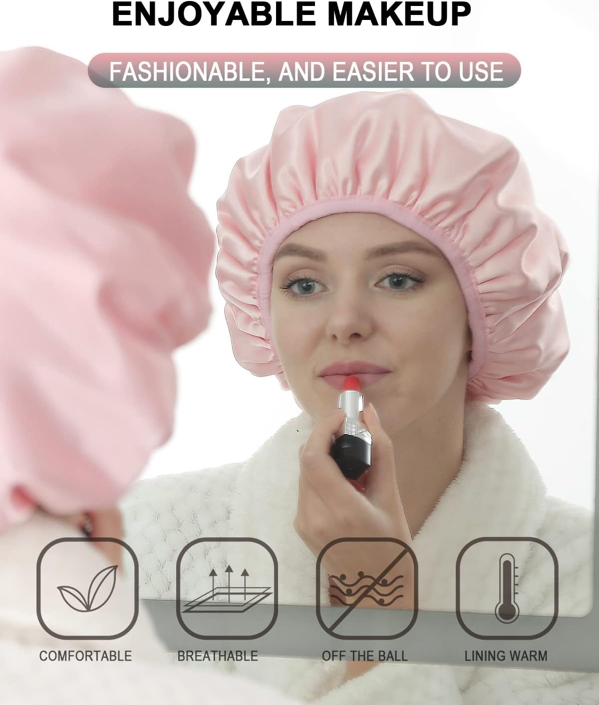 YIZIJIZI Terry Lined Shower Cap,Triple Layer Large Cap for Women,Shower Cap Reusable Waterproof,Long Thick Hair(Pink) - Gray image number 2