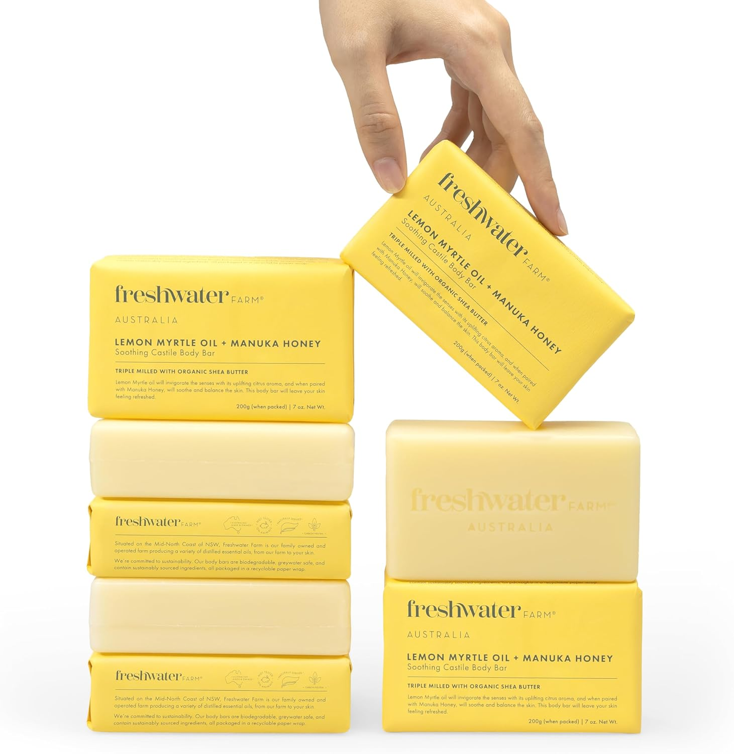 Freshwater Farm Australia Soothing Castile Natural Body Bar/Soap Bar for Women/Men- Lemon Myrtle Oil+Manuka Honey. Nourishing Essential Oils Soap/Body Soap for Dry, Sensitive Skin-200G X 8 Pack image number 1