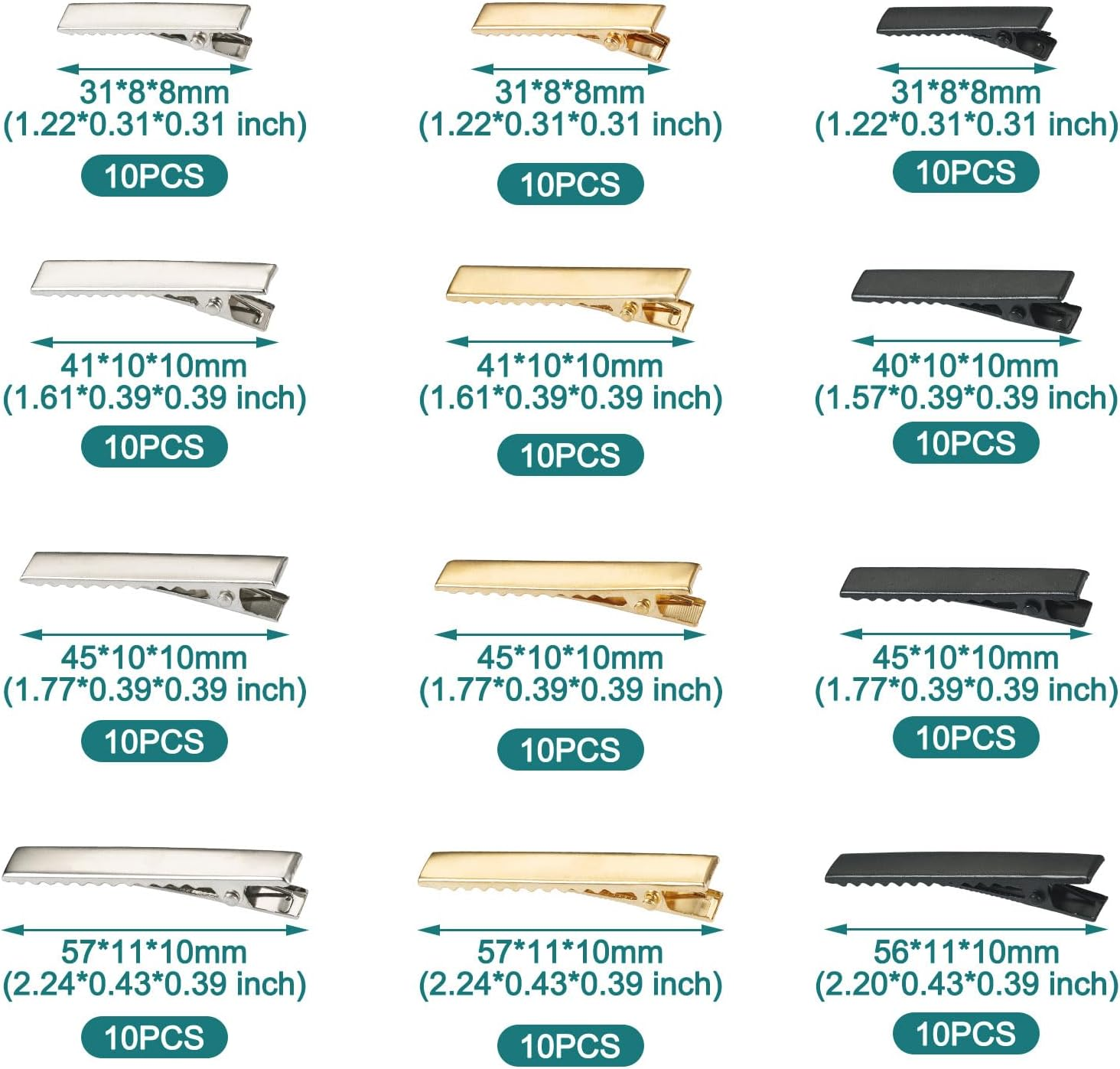 FASHEWELRY Hair Clip, 120Pcs Alligator Iron Hair Clips, 12 Style, 3 Colors, Hair Barrette Blanks for Bows Making, Hair Accessories, Size 31X8X8Mm-57X11X10Mm, for Women image number 5