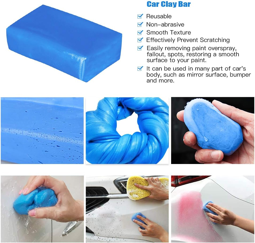 Glarks 8Pcs Clay Bar Car Detailing Clay with Premium Microfiber Washing Towel and Car Wash Sponges for Cleaning Oxidation, Scale, Bird Feces, Iron Powder, Acid Rain, and Sap on Car and Glass