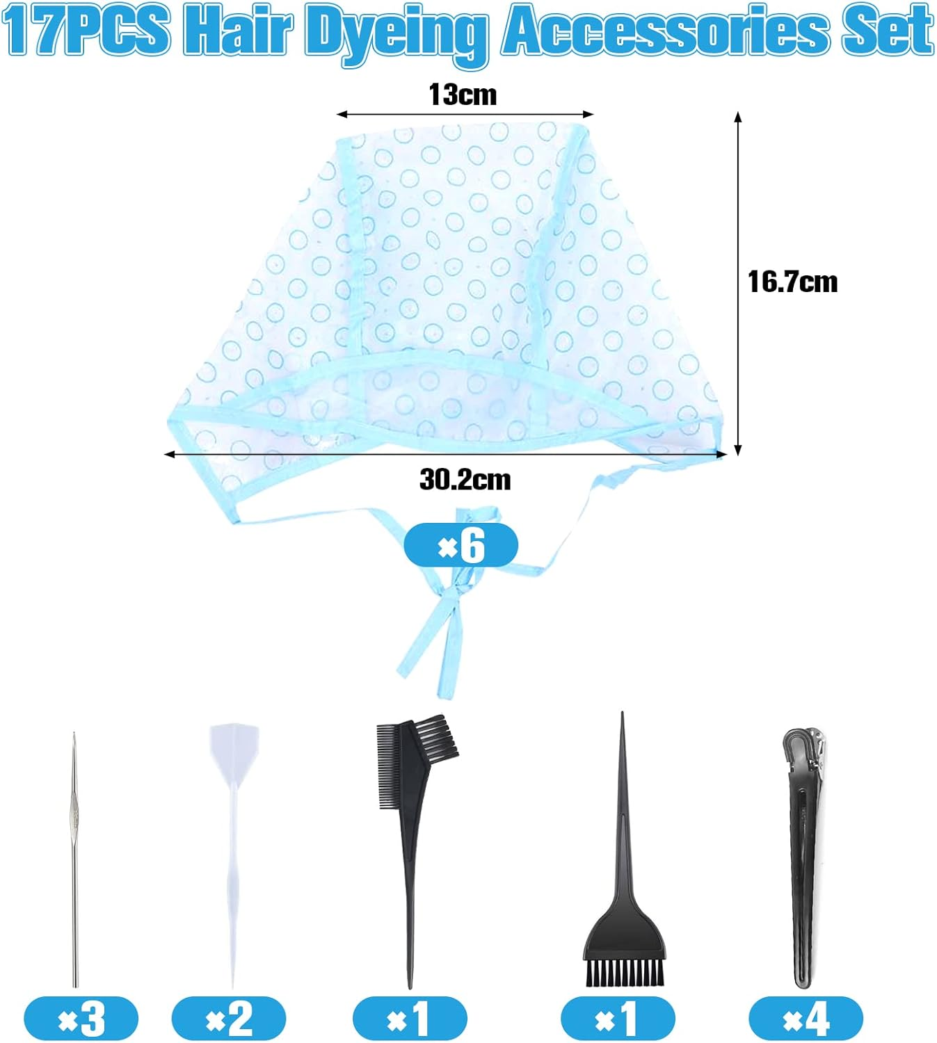 VEGCOO 17 Highlight Cap Hair Dye Accessory Set, Highlight Cap Hair Dye Caps with Dye Brush for Crochet for Salon and Home Hair Dyeing image number 4