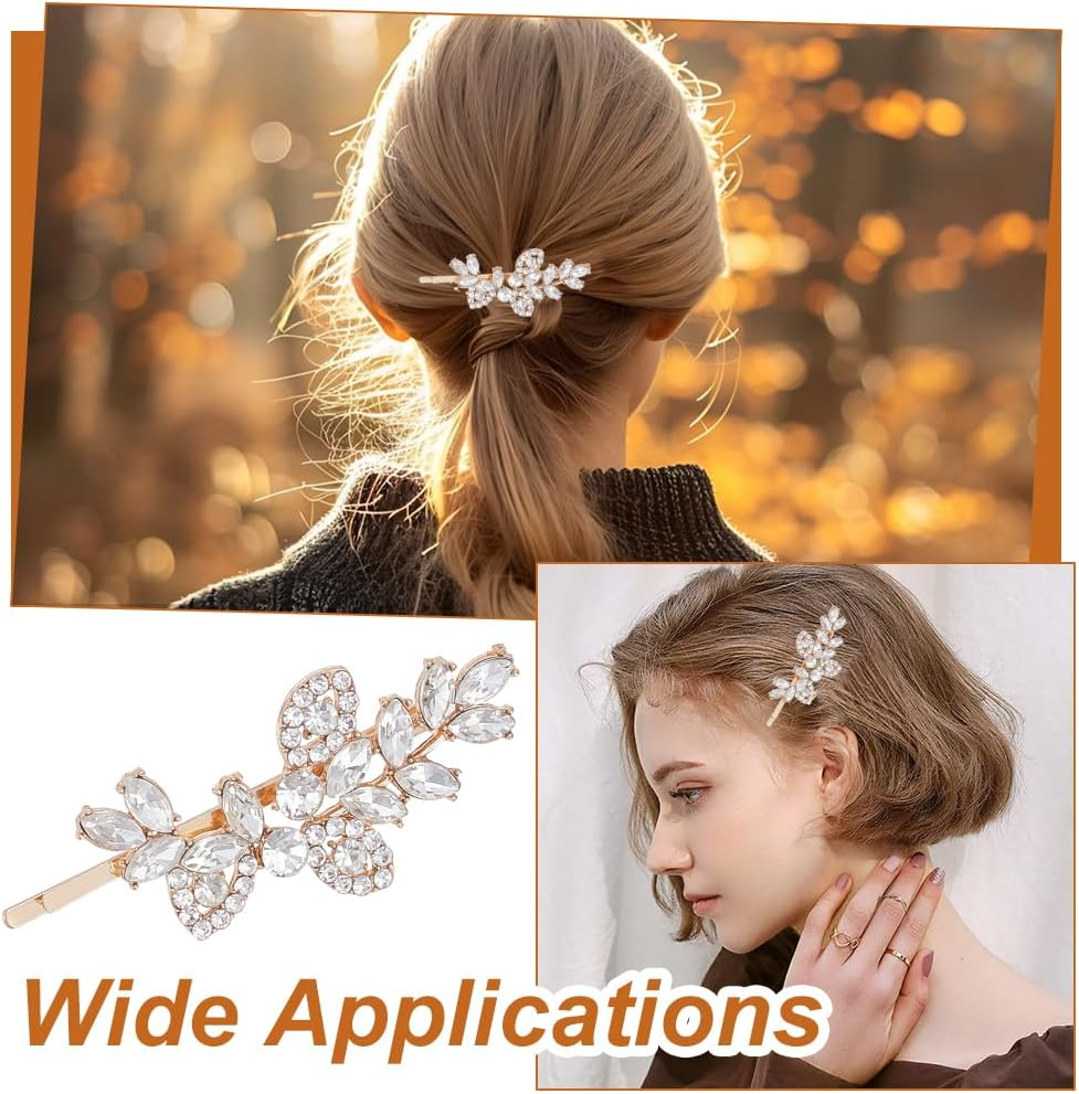 GOMAKERER 6 Pcs Rhinestone Leaf Hair Clips, Golden Bridal Hair Barrette Rhinestone Wedding Clips Decorative Diamante Accessories for Women Wedding Gift