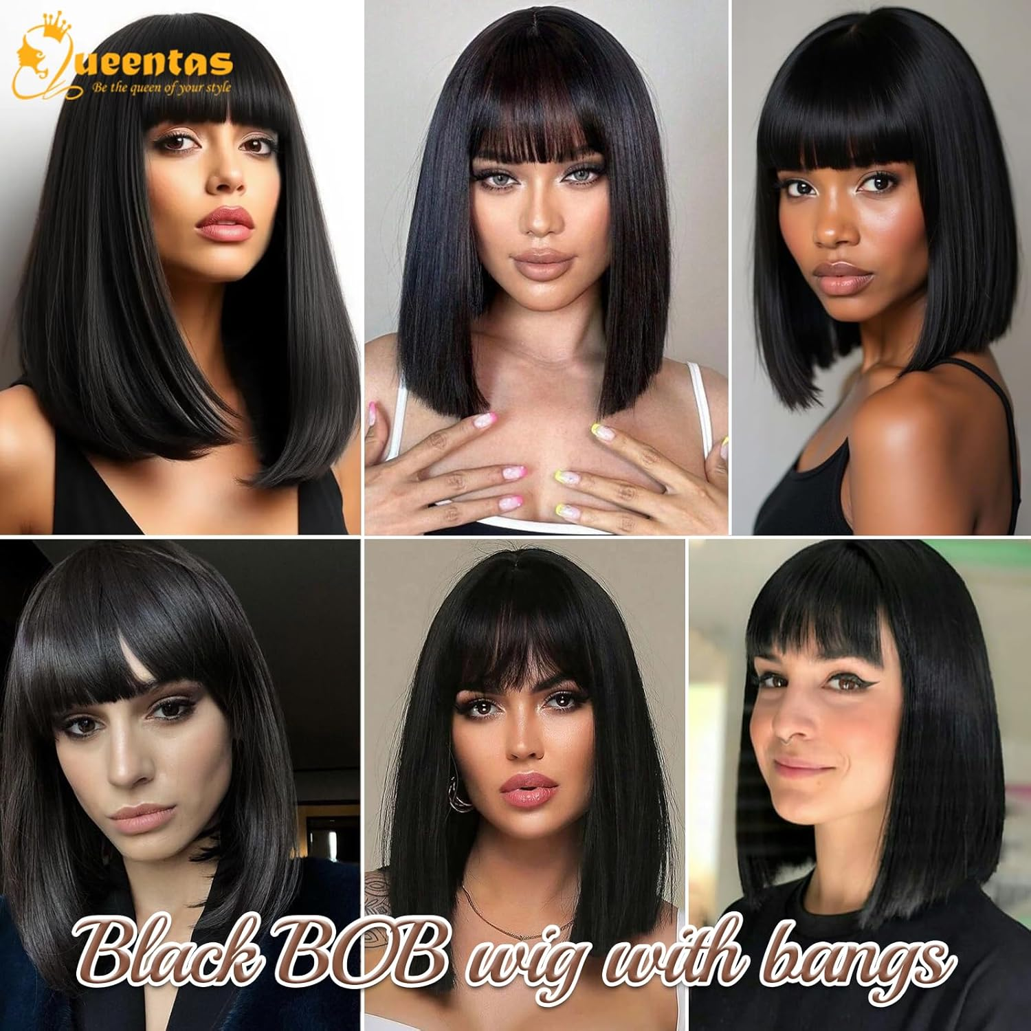 QUEENTAS Short Black Bob Hair Wigs for Women Light Black Wig Full Head with Bangs Synthetic Hair Straight Black Bob Wig for Daily Party Cosplay image number 4