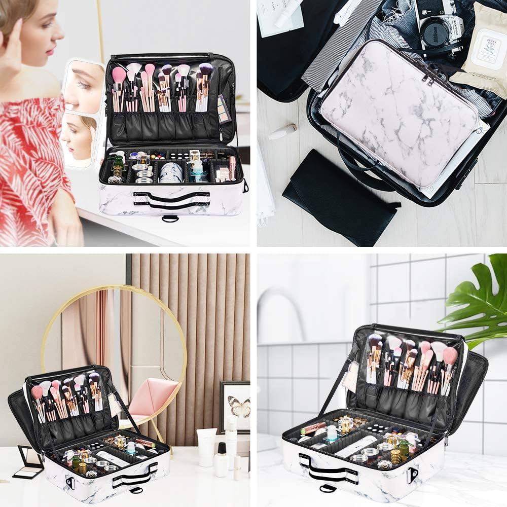 Makeup Case Travel - Large Makeup Bag 16" Professional Makeup Train Case with Adjustable Strap, Leather Makeup Artist Box for Hair Curler Hair Straightener Brush Set and Cosmetic, White Marble, image number 3