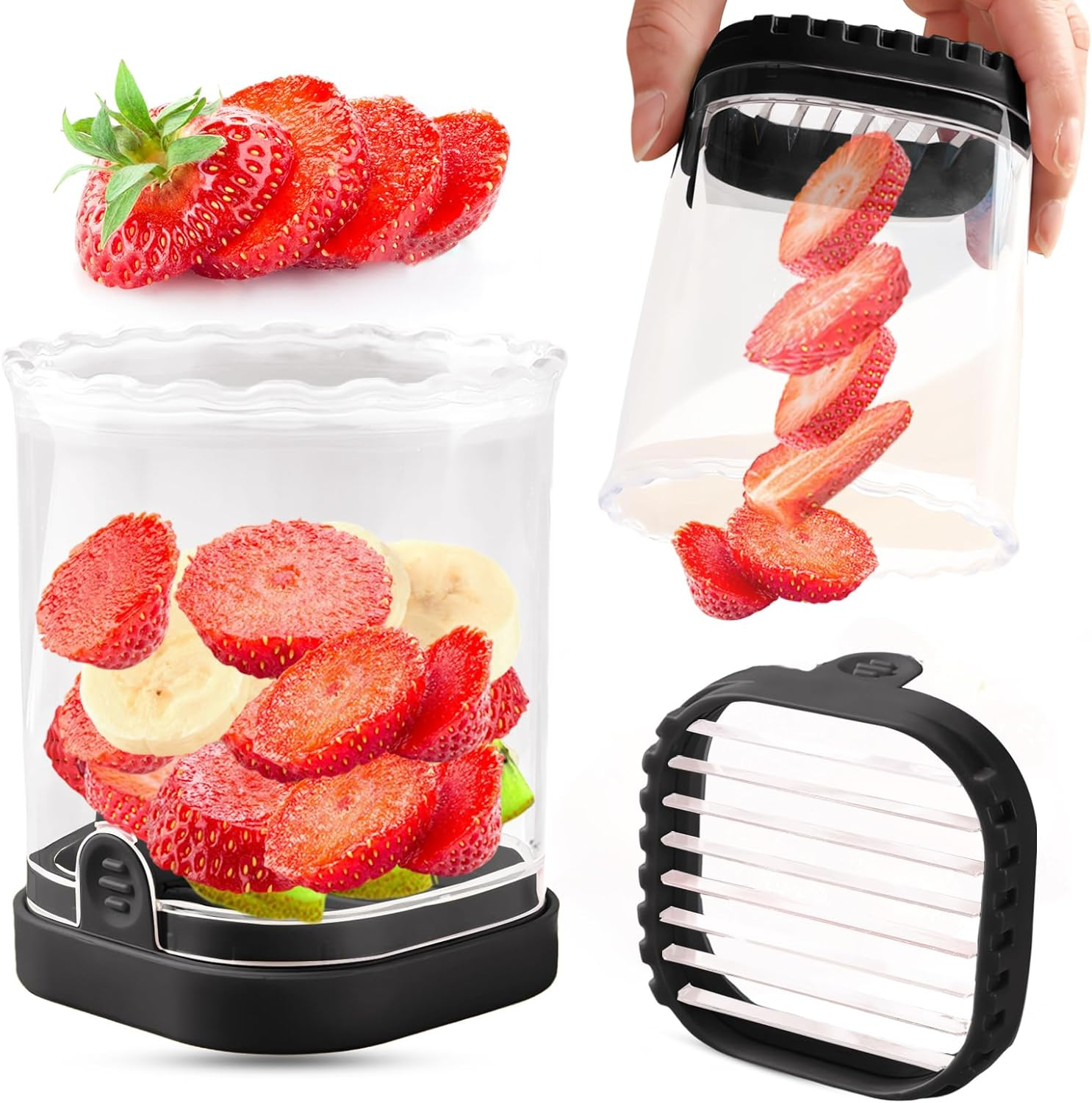 Fruit Slicer Cup | Strawberry Slicer | Banana Slicer | Grape Cutter | Egg Slicers | Detachable Fruit Cutter Slicer with Push Plate | Creative Strawberry Slicer Kitchen Gadget (Black + Pink)