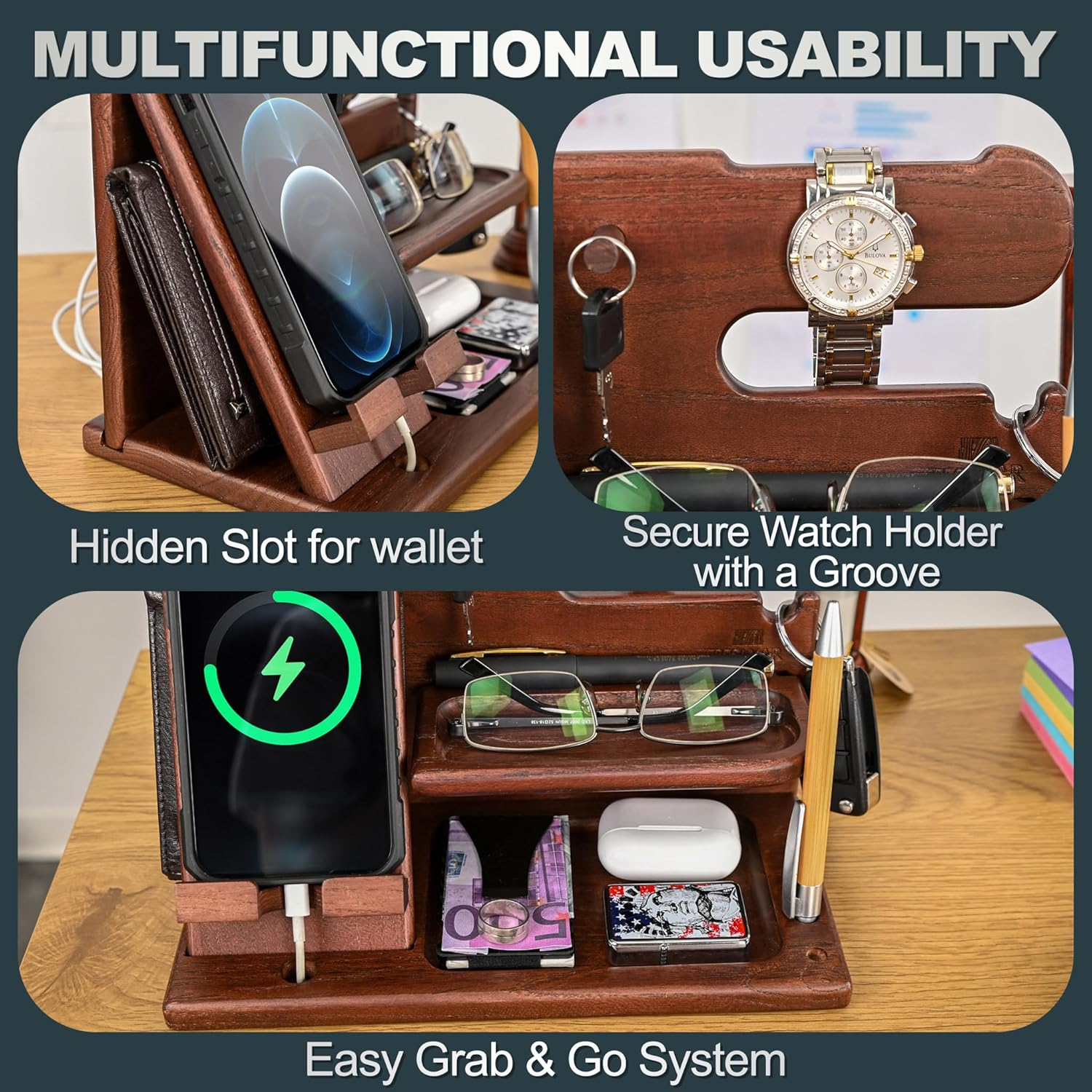 Wood Phone Docking Station Ash Key Holder Wallet Stand Watch Organizer Men Gift Husband Wife Anniversary Dad Birthday Nightstand Purse Father Graduation Male Travel Idea Gadget (Chestnut) image number 3
