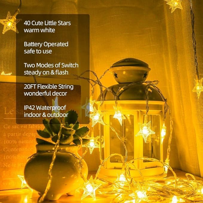 Augshy Star Lights Star String Lights, 20Ft 40 LED Star Fairy Lights String Cute Christmas Twinkle Lights Indoor Outdoor for Bedroom Home Car Wedding Party Xmas Tree Decoration, Warm White image number 3