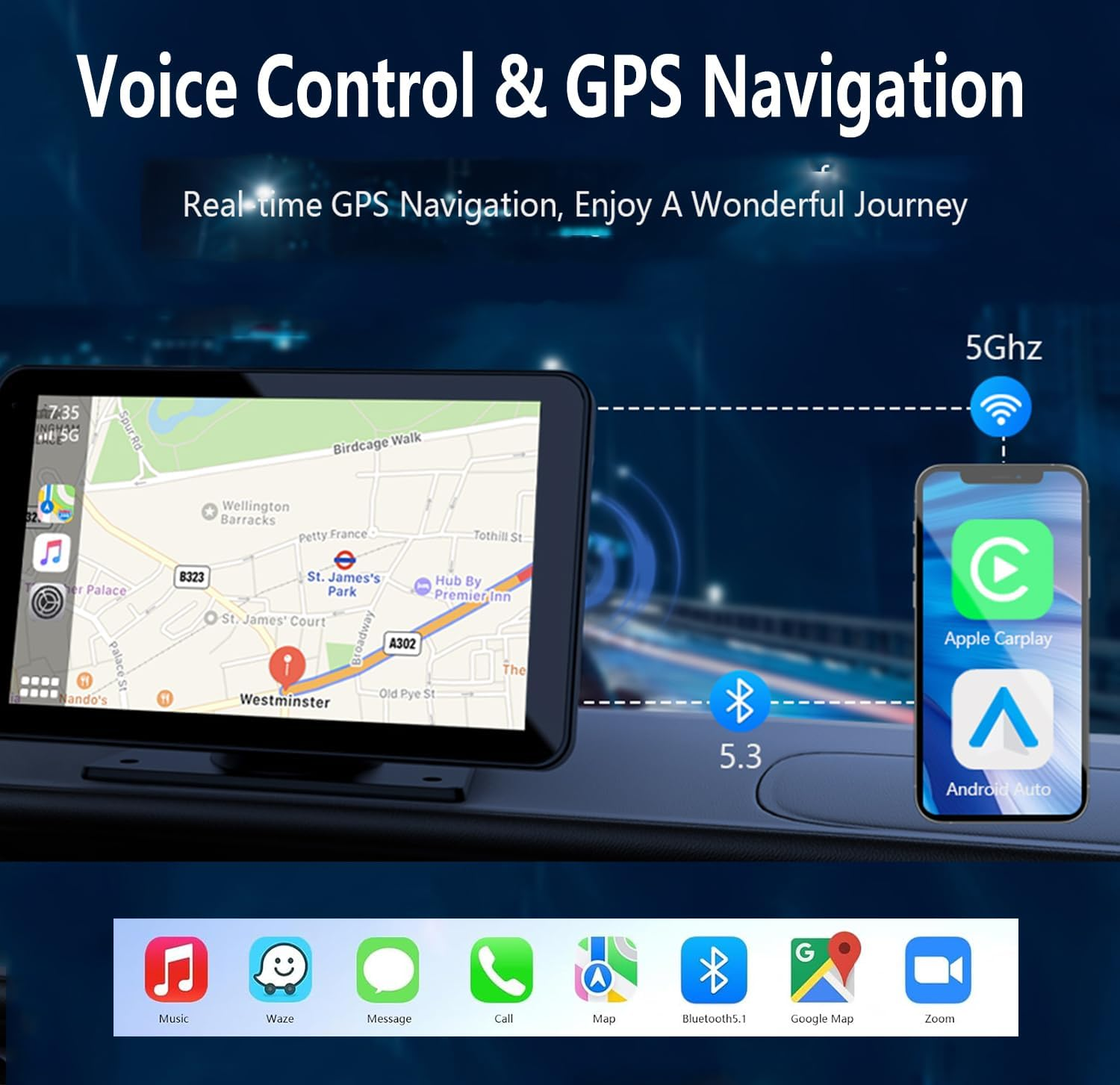 7" HD Portable Car Stereo Touch Screen with Apple Carplay, Wireless Android Auto, Bluetooth, GPS Navigation, Voice Control, Backup Camera, and Mirror Link - Car Audio Receiverfor All Vehicles image number 1