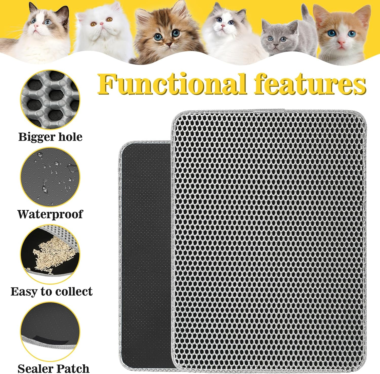 Cat Litter Tray Mat 75 X 55 Cm with Velcro Fastener and Large Hole Design, Cat Litter Mat, Double Waterproof and Non-Slip, Cat Litter Mat, Non-Toxic Material, Cat Litter Mat, Grey image number 3