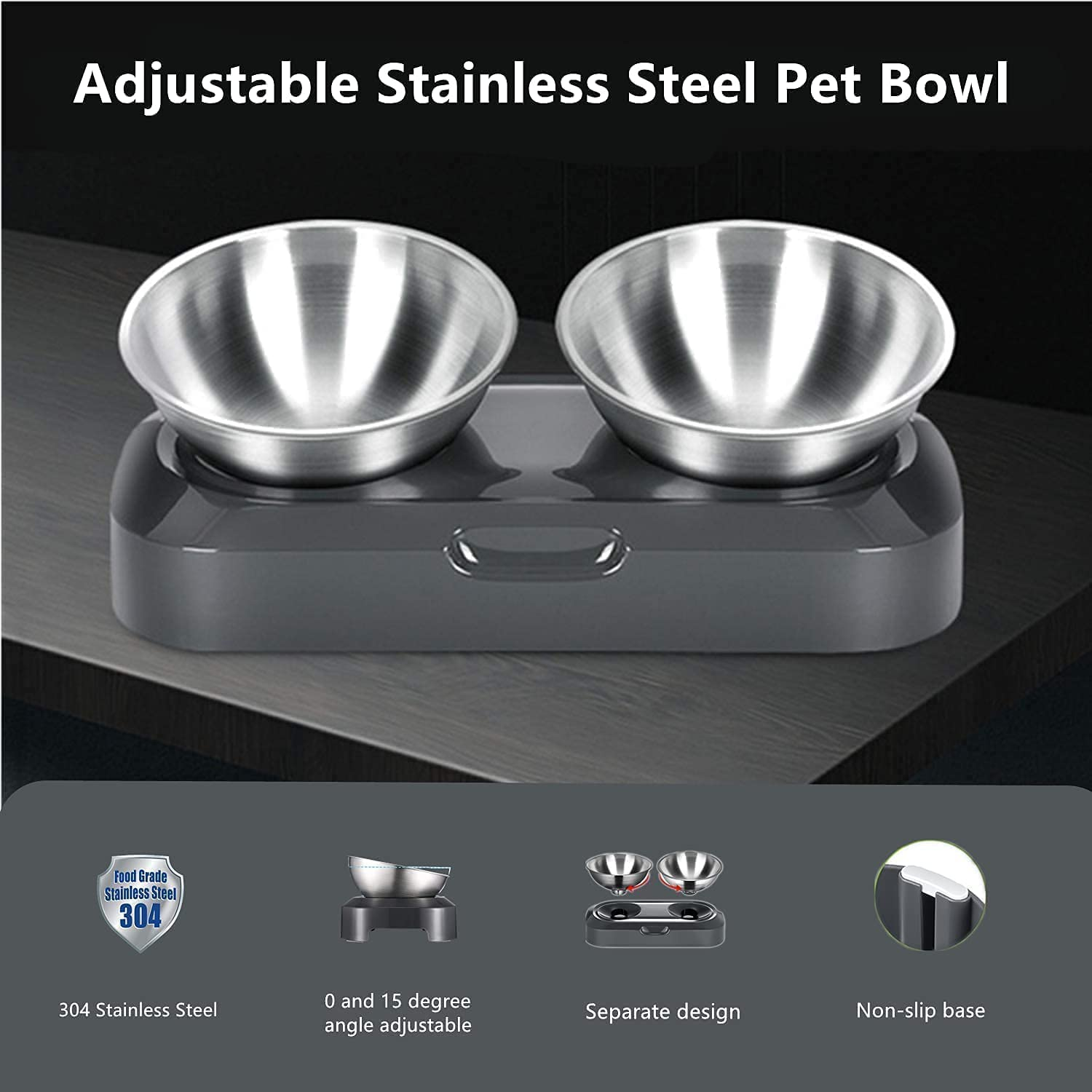Hiumotan Cat Bowl with Stainless Steel, Non-Slip Silicone Mat Cat Feeder with 0 &15&deg; Tilting Neck Protective Bowl for Pets, Cats and Puppies Food and Water Feeding