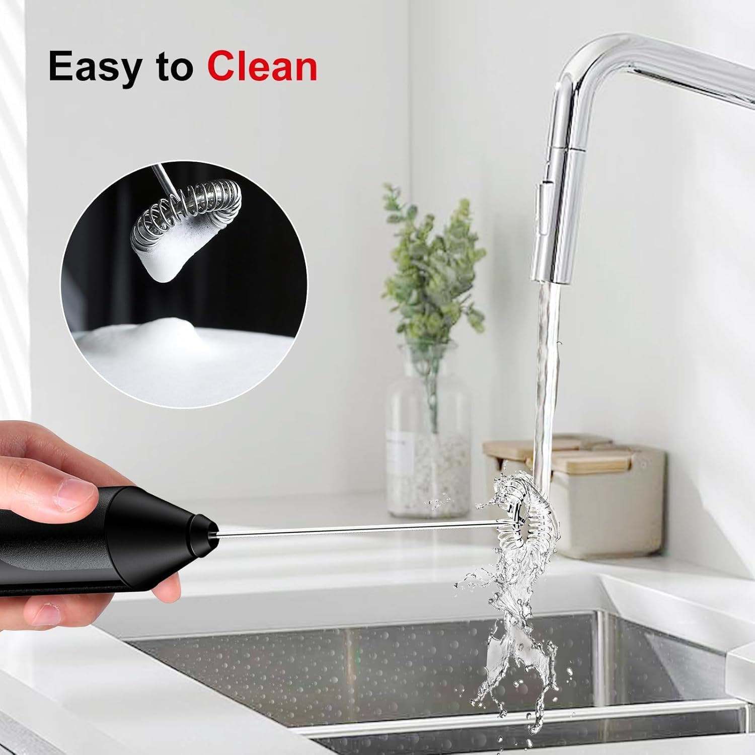 Handheld Milk Frother for Coffee & More - Electric Whisk for Lattes, Cappuccino, Matcha, Frappe & Eggs | Battery-Powered Drink Mixer | No Stand Needed (Black/Stainless Steel) image number 3