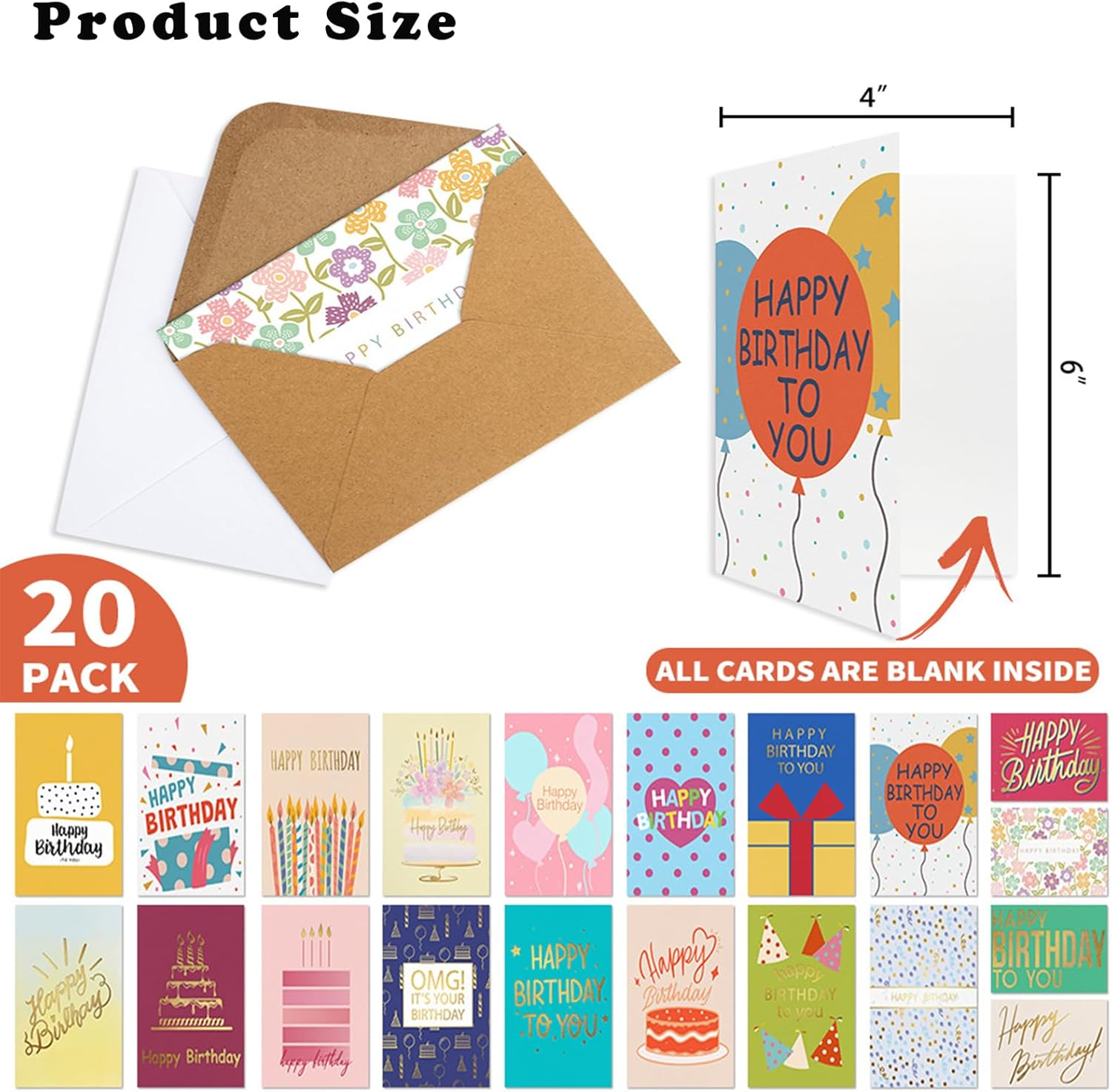 Uroboo Gold Foil Birthday Cards with Envelopes & Stickers, 20PCS Happy Birthday Cards Assortment in Bulk for Family, Kids, Friends, Work & Office Celebrations image number 1