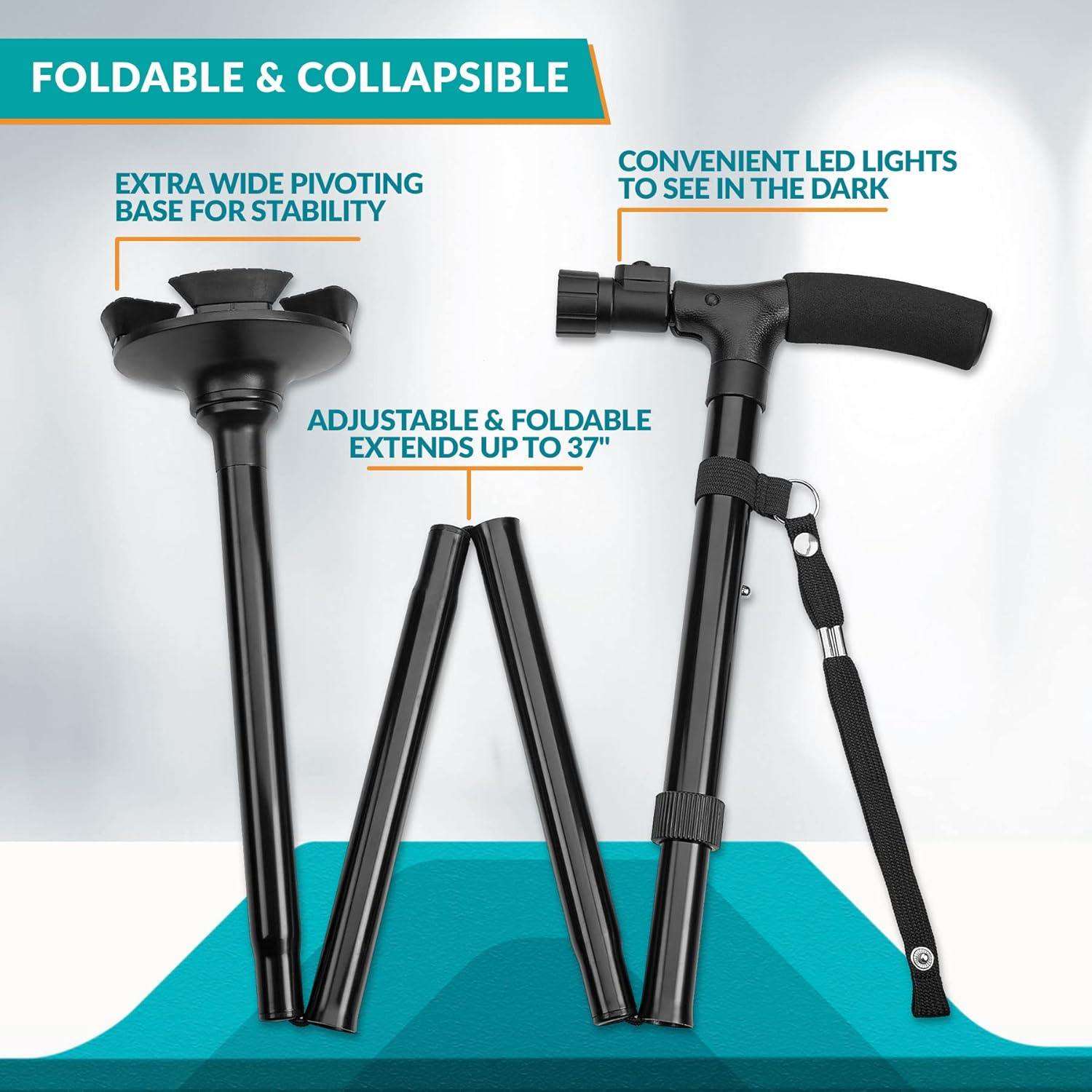 Folding Cane with Led Light - Adjustable Walking Sticks LED Light to Get around Easier in the Dark, Collapsible Canes with Rubber Feet for Men and Women