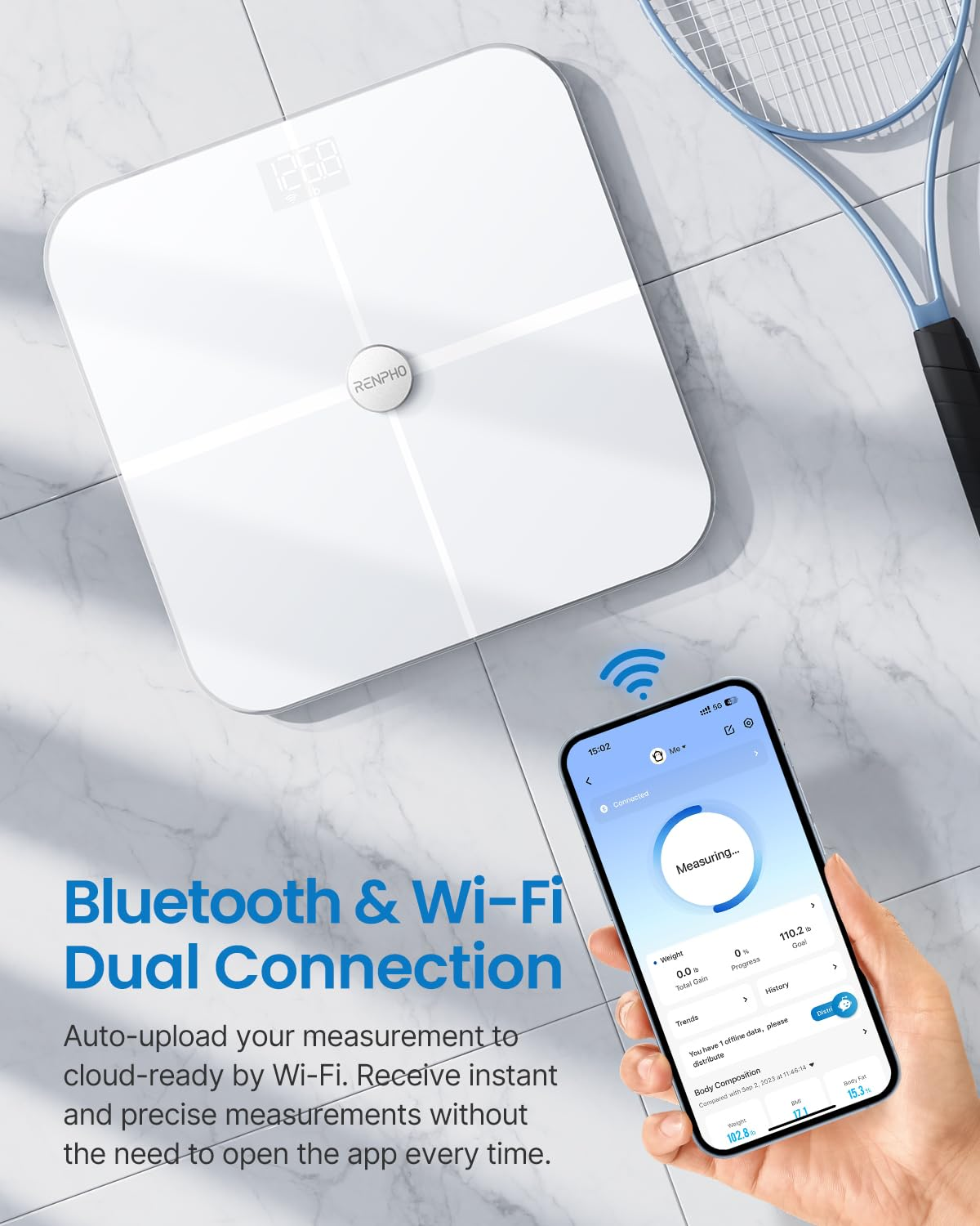 RENPHO Wifi Smart Scales with Body Fat Scale, Bluetooth Personal Scale, Measure Body Fat, Muscle Mass, BMI, Water Content and 13 Body Values, App Sync via Bluetooth or Wifi image number 3