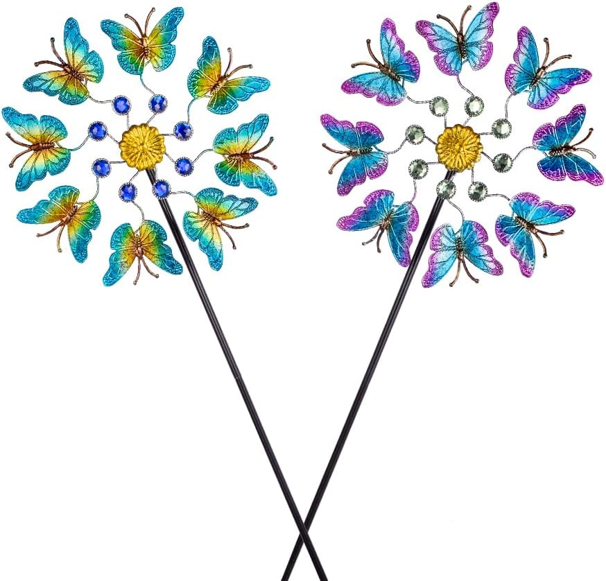 Viveta Metal Wind Spinners Outdoor,Vintage Kinetic Wind Spinner Garden Pinwheels with Metal Stake for Patio,Lawn,Garden,Creative Gifts for Women, 59 * 13.4 Inch, Rusty Red-Green