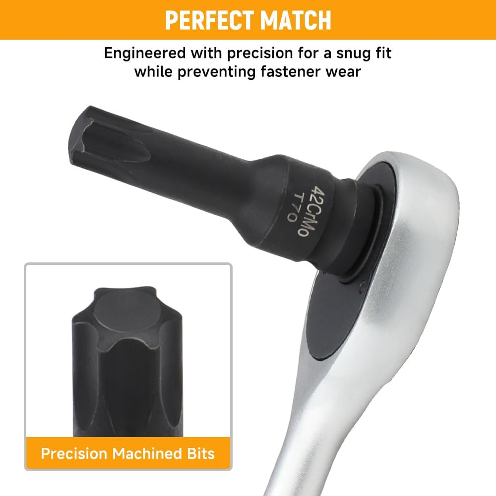 Hoteche 8PC 1/2 Inch DR Impact Wrench Torx Socket Set, T30-T80, CR-MO Material, Black Phosphate Coating, Includes Blow Mould Box - Power Bit Socket Set for Professional Applications image number 2