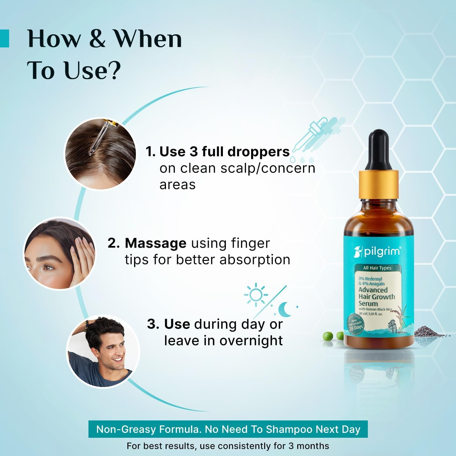 Pilgrim Redensyl 3% + Anagain 4% + Baicapil Advanced Hair Growth Serum(60Ml) for Scalp with Korean Black Rice, Saw Palmetto | Control Hair Fall, Hair Density | Women & Men image number 2