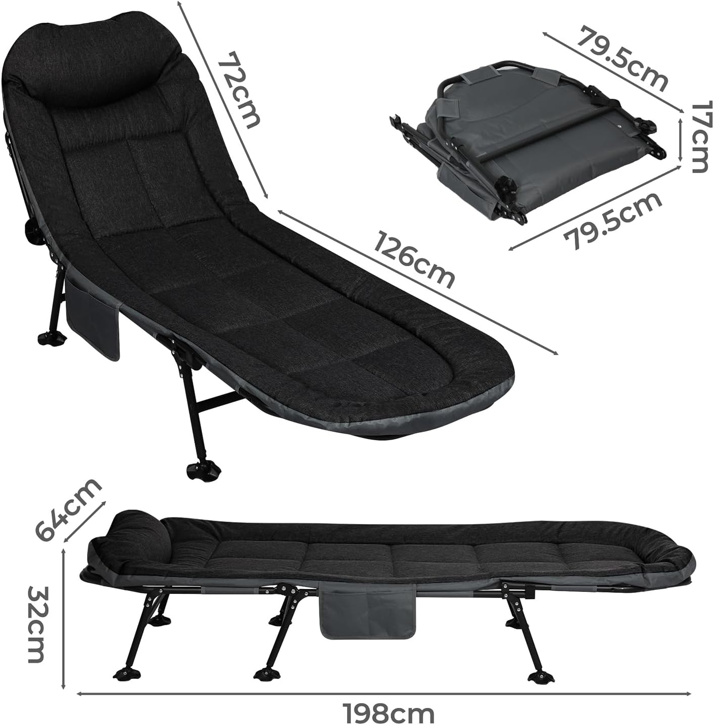 Levede Folding Camping Cot for Adults W/Cushion and Pillow, Camping Loungers Outdoor Portable Sleeping Camping Bed, 6-Position Adjustable Backrest,Lightweight Tent Cot, for Home,Beach,Patio(Black) image number 5