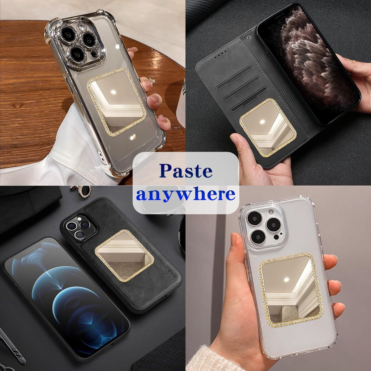 Bling Mirror Decal for Phone Case Phone Charm, Slim Design, Travel Acrylic Mirror Sticker Stick on Back of Phone Charm (Square) Gold