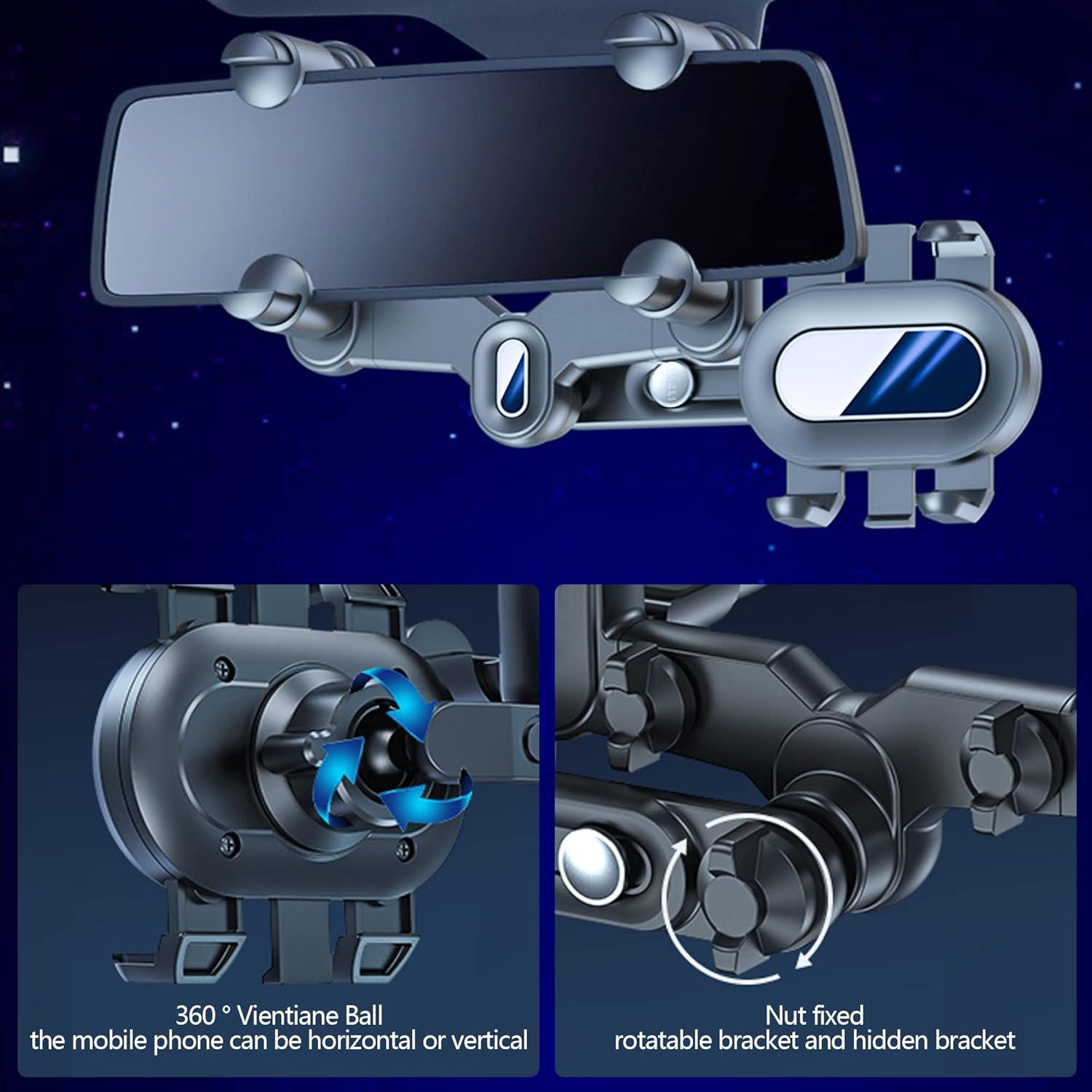 Turcee Car Rearview Mirror Navigation Phone Holder, 360 Rotatable and Retractable, for Iphone, Samsung Galaxy & All Smartphones