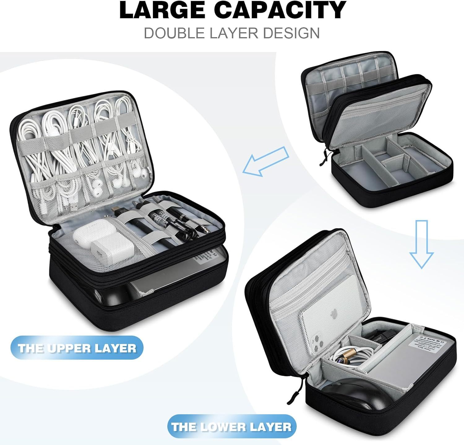 IGOLUMON Electronics Organizer Portable Travel Cable Organizer Bag Waterproof Double Layer Electronic Accessories Carrying Case for Power, Chargers, Hard Drives, Black image number 4