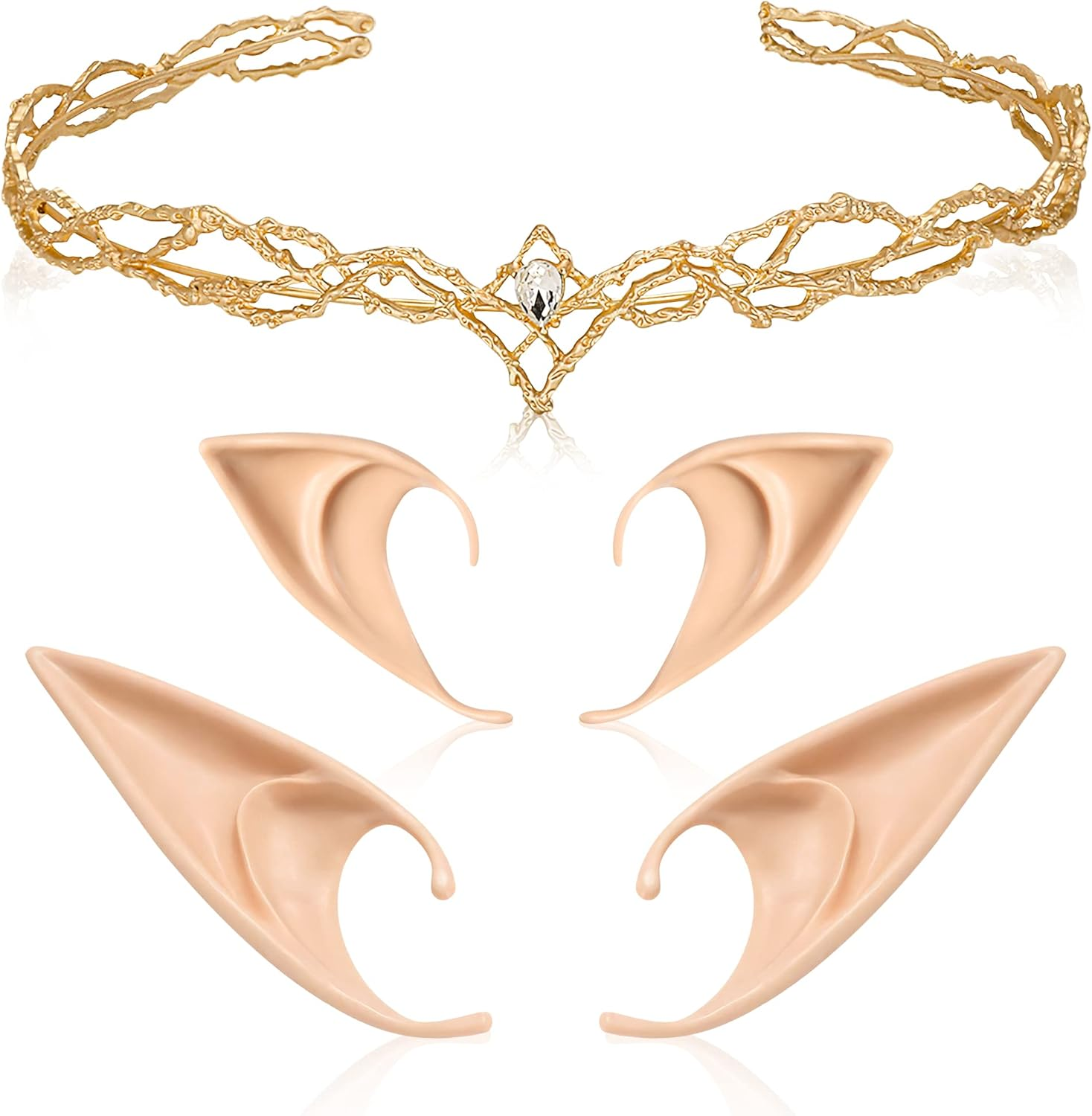 FRESHME Elf Ears with Fairy Crown Set Pixie Headpiece with 2 Pairs Fairy Ears Kit