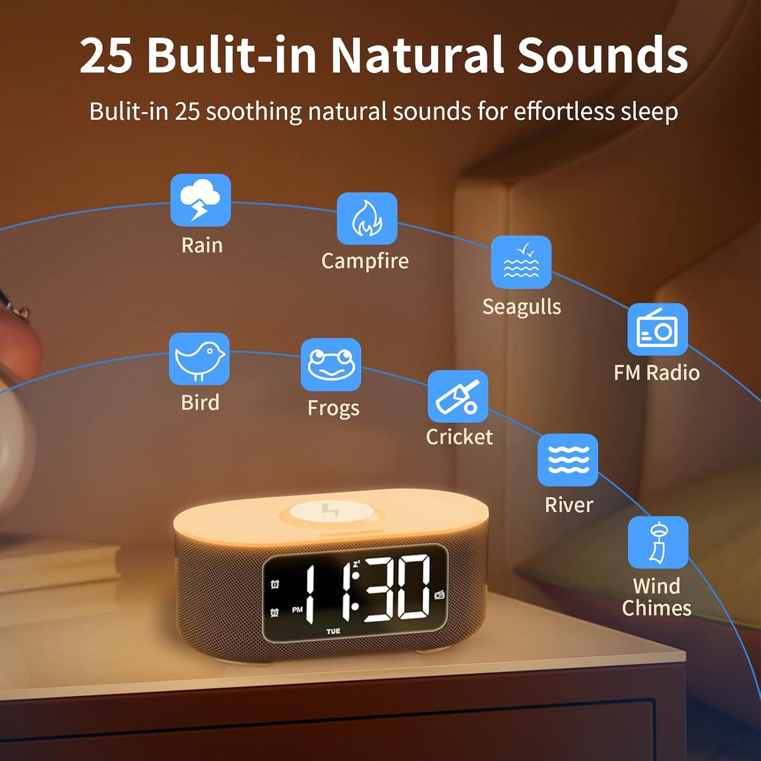 White Noise Machine & Alarm Clock with 25 Sounds, Bluetooth Stereo Speaker, 15W Fast Wireless Charger, Digital Clock with FM Radio, 10 Colors Nightlight, Snooze, Dimmer, Sleep Timer for Baby & Adults image number 4