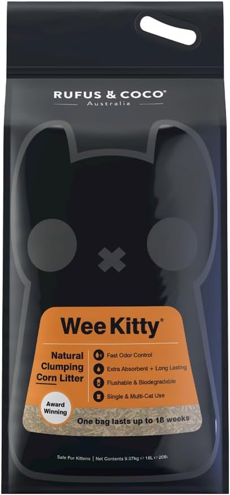Rufus & Coco Wee Kitty Clumping Corn Cat Litter , Natural Flushable , Low Tracking Biodegradable Pellets , 9 Kilogram Bag image number 3
