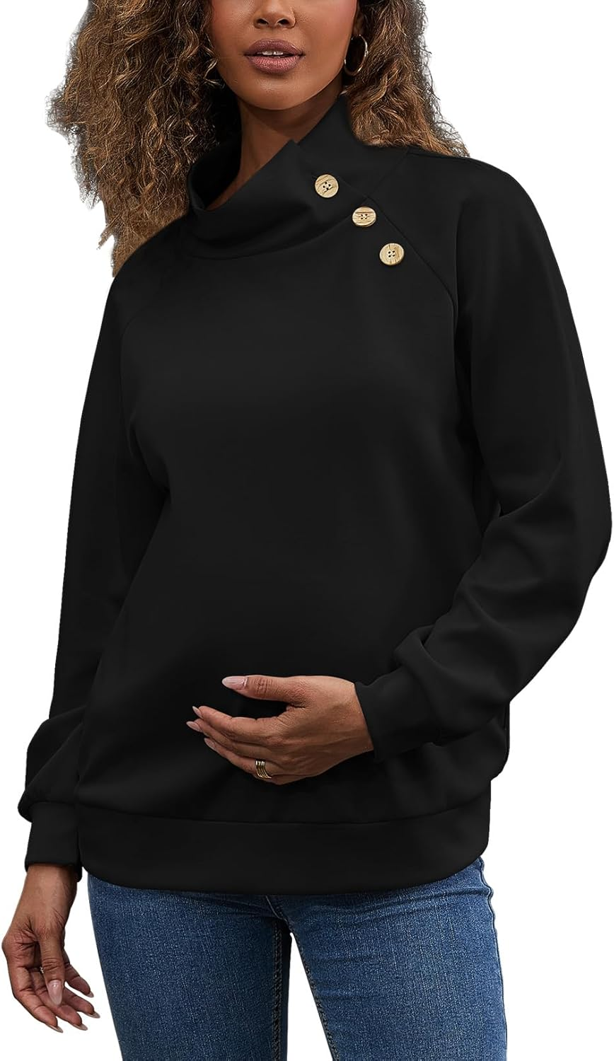 Maternity Turtleneck Sweatshirt for Women Buttons Pullover Shirts Long Sleeve Tops as Clothing with Side Pockets